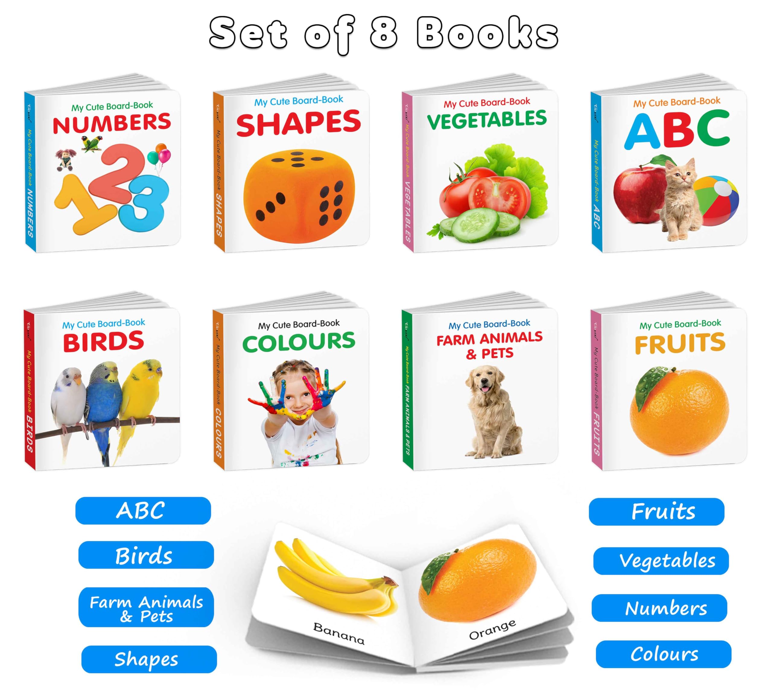 My First Educational Board Book Set For Toddlers  Abc, Colours, Birds, Fruits, Farm Animals & Pets, Vegetables, Shapes And Numbers -Fun Learning Board Book, Baby Books For Learning | Pack Of 8 Books