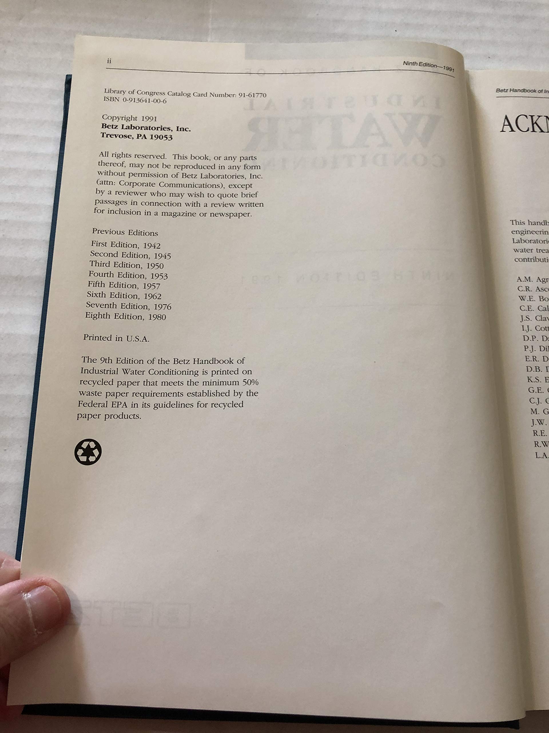 Betz Handbook of Industrial Water Conditioning. 9th Ed,Used