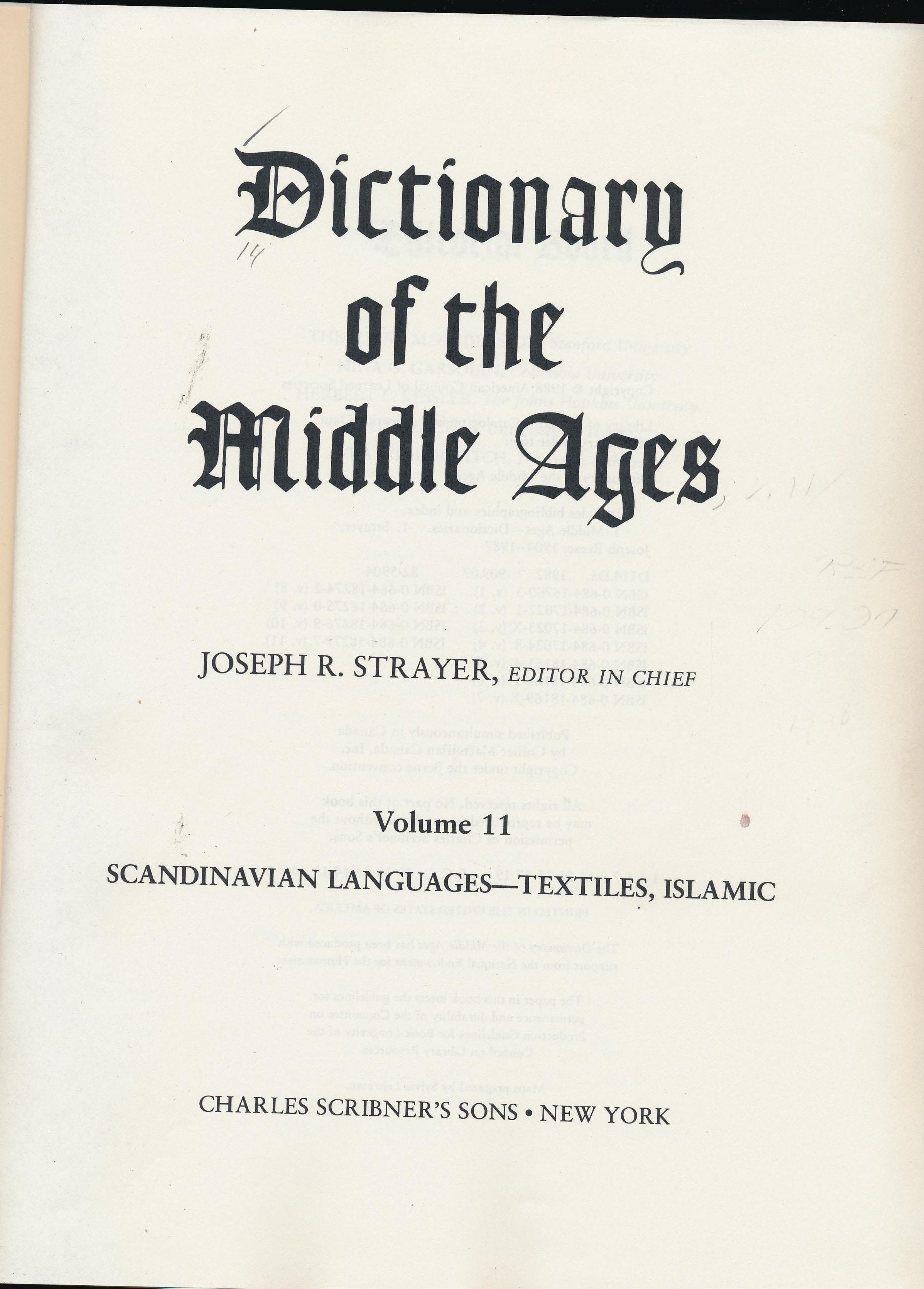 Dictionary of the Middle Ages: 11,Used