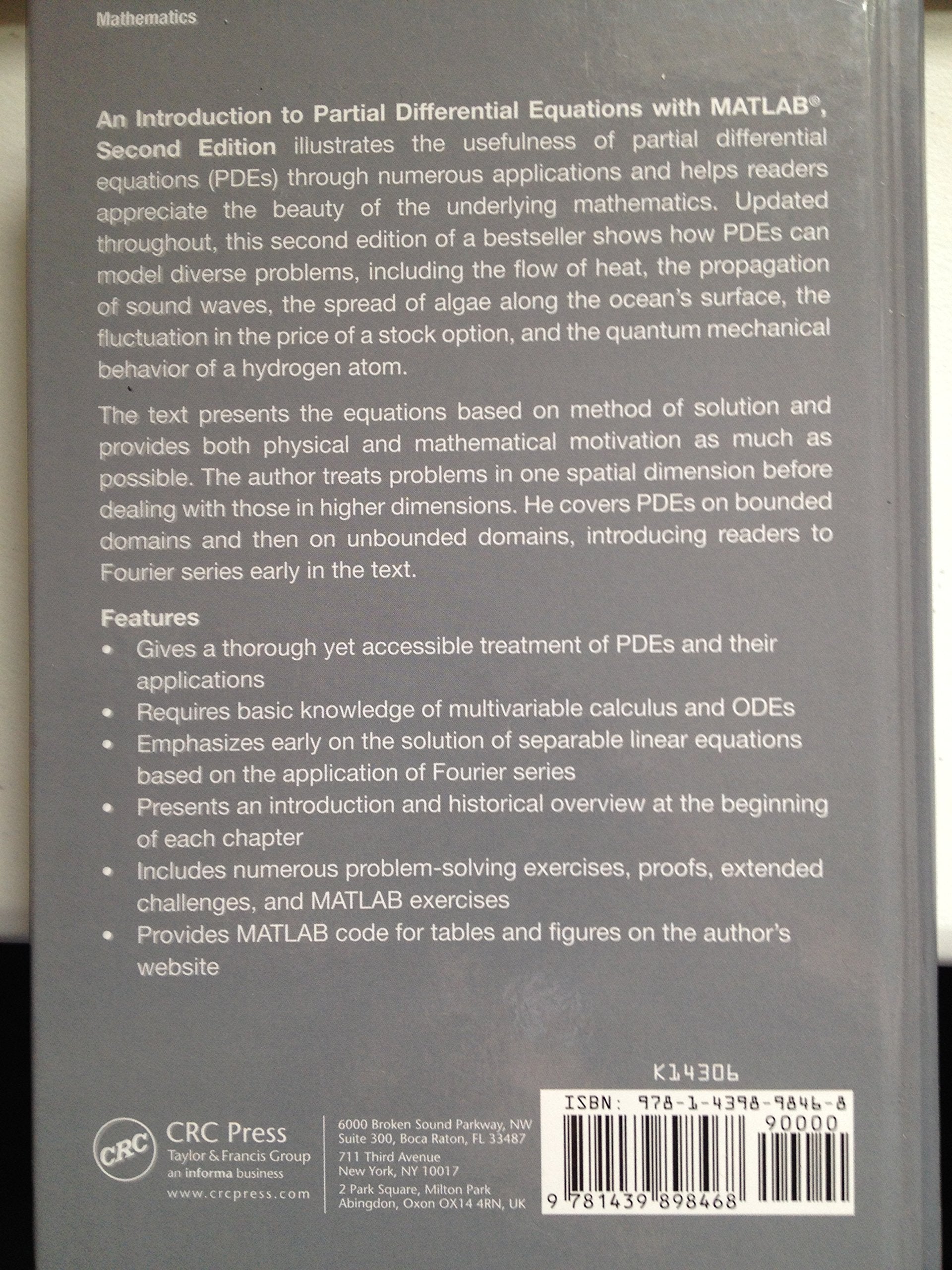 An Introduction to Partial Differential Equations with MATLAB (Advances in Applied Mathematics),Used