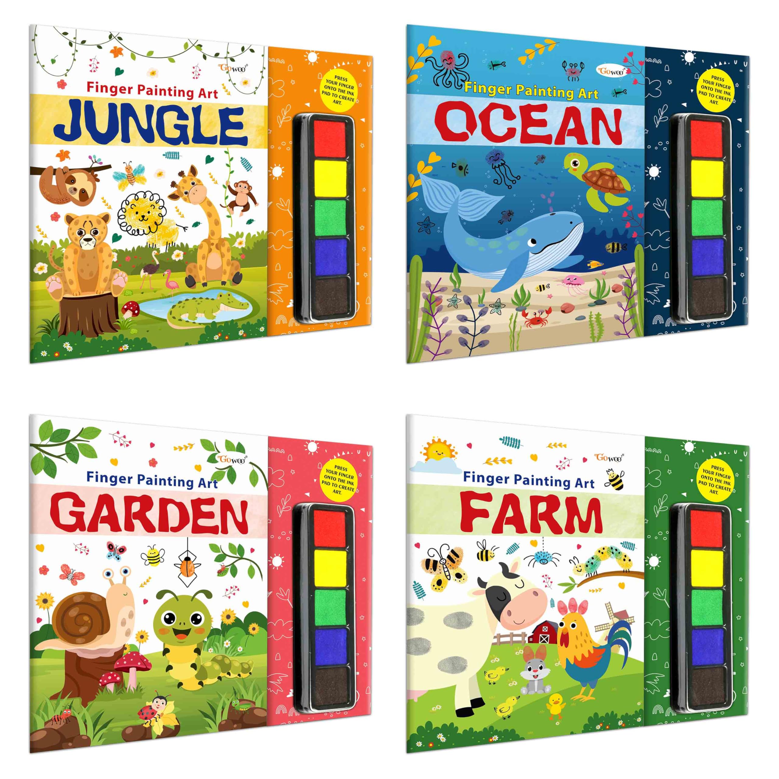 Jungle, Ocean, Garden And Farm - Fingerpainting And Colouring Art : Art Book For Children, Coloring Activity Book, Thumbprint Art And Craft Book For Toddlers| Pack Of 4 Art And Craft Books