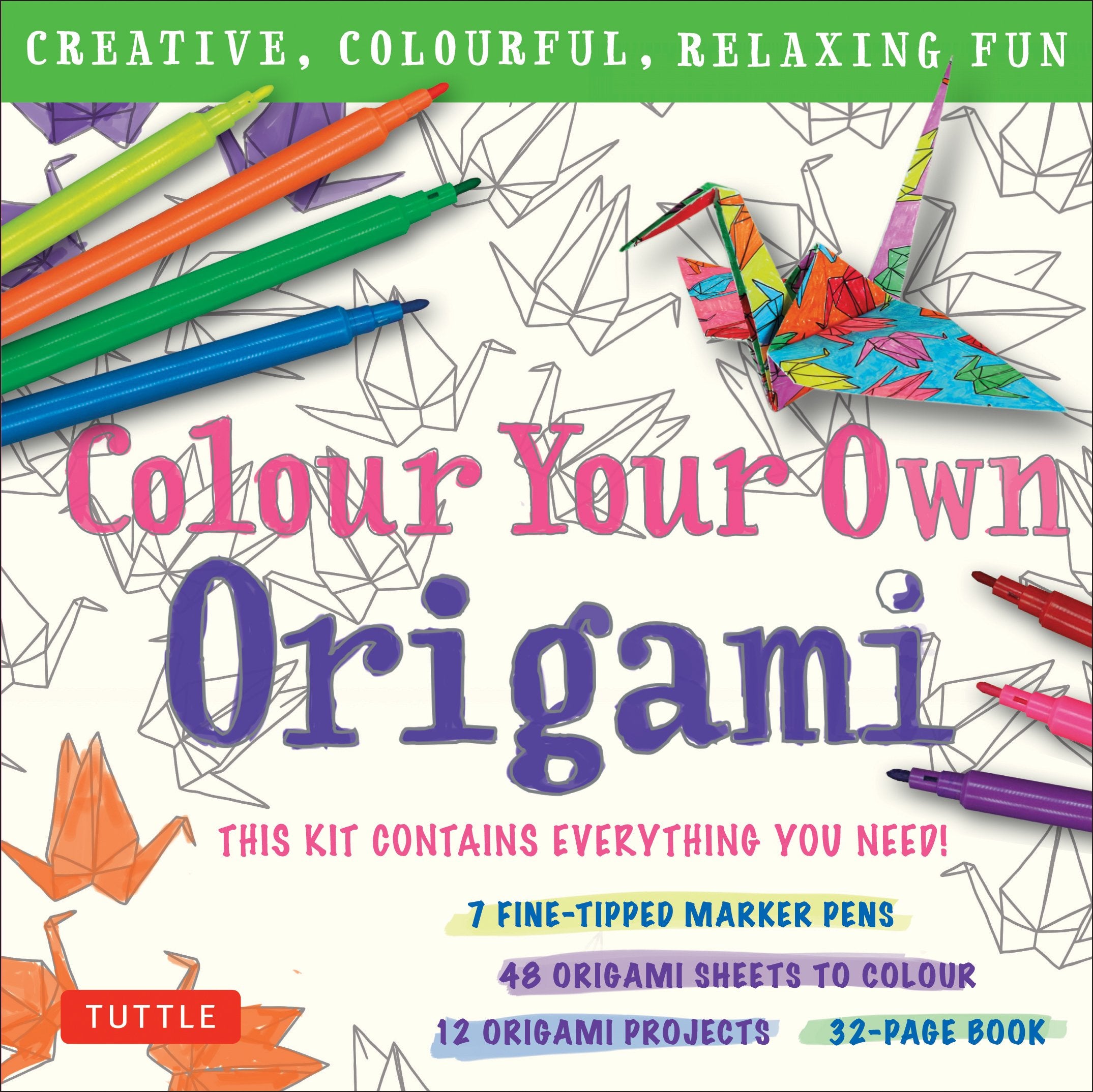 Colour Your Own Origami Kit (British Spelling): Creative, Colourful, Relaxing Fun: 7 Finetipped Markers, 12 Projects, 48 Origam