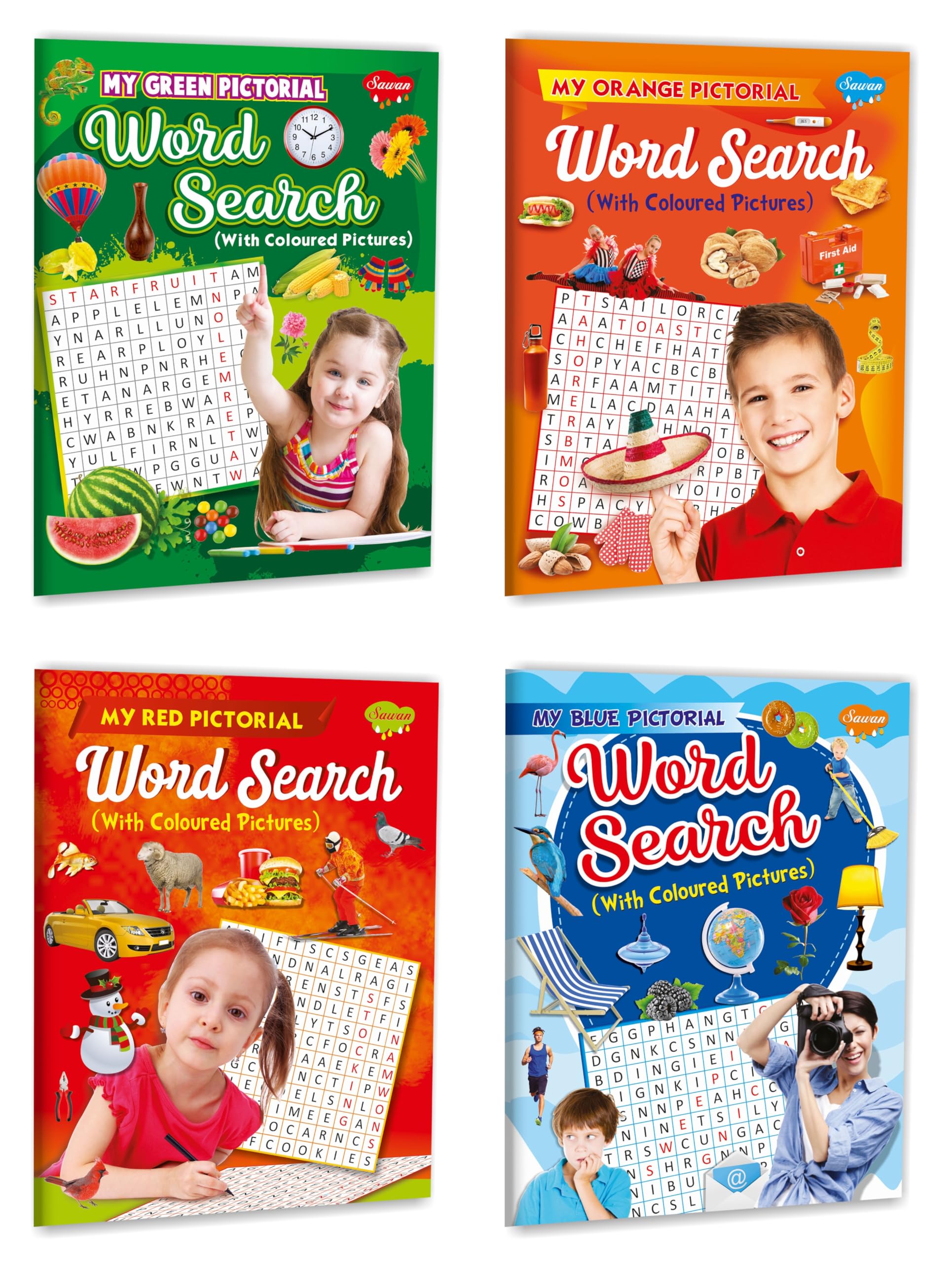 Sawan Pictorial Word Search With Coloured Pictures - Blue, Green, Orange And Red | Pack Of 4 Books