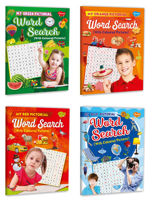 Sawan Pictorial Word Search With Coloured Pictures - Blue, Green, Orange And Red | Pack Of 4 Books