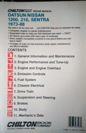 Chilton's Repair Manual Datsun/Nissan 1200210 Sentra 197388: All U.S. and Canadian Models of Datsun 1200, 210 Nissan Sentra,Used