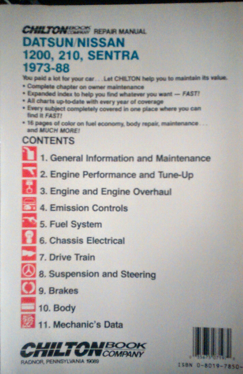 Chilton's Repair Manual Datsun/Nissan 1200210 Sentra 197388: All U.S. and Canadian Models of Datsun 1200, 210 Nissan Sentra,Used