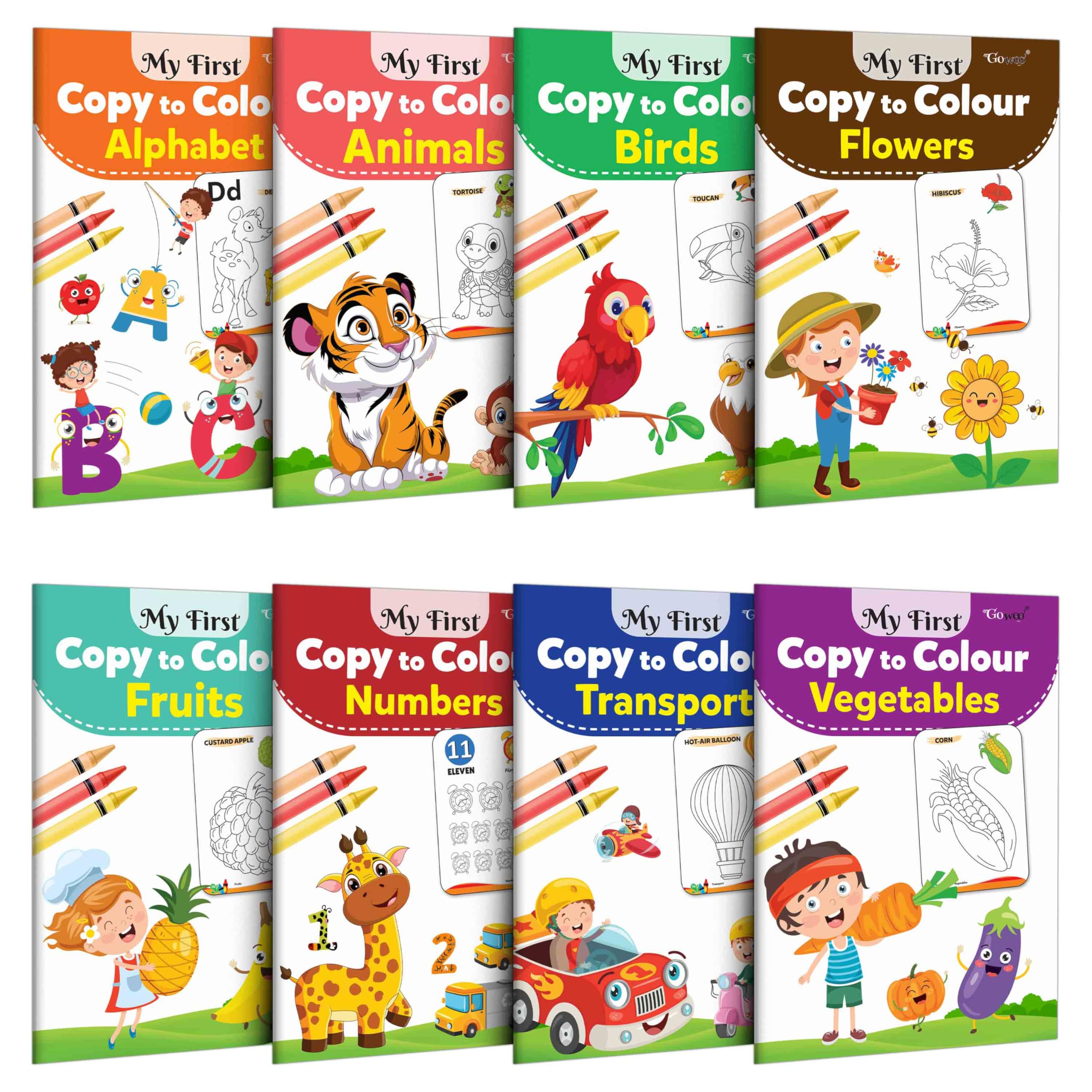My First Copy To Colour - Alphabet, Animals, Birds, Flowers, Fruits, Numbers, Transport And Vegetables : Book Of Copy Colouring For Kids, Fun Colouring Book For Children | Combo Of 8 Colouring Books