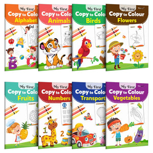 My First Copy To Colour - Alphabet, Animals, Birds, Flowers, Fruits, Numbers, Transport And Vegetables : Book Of Copy Colouring For Kids, Fun Colouring Book For Children | Combo Of 8 Colouring Books