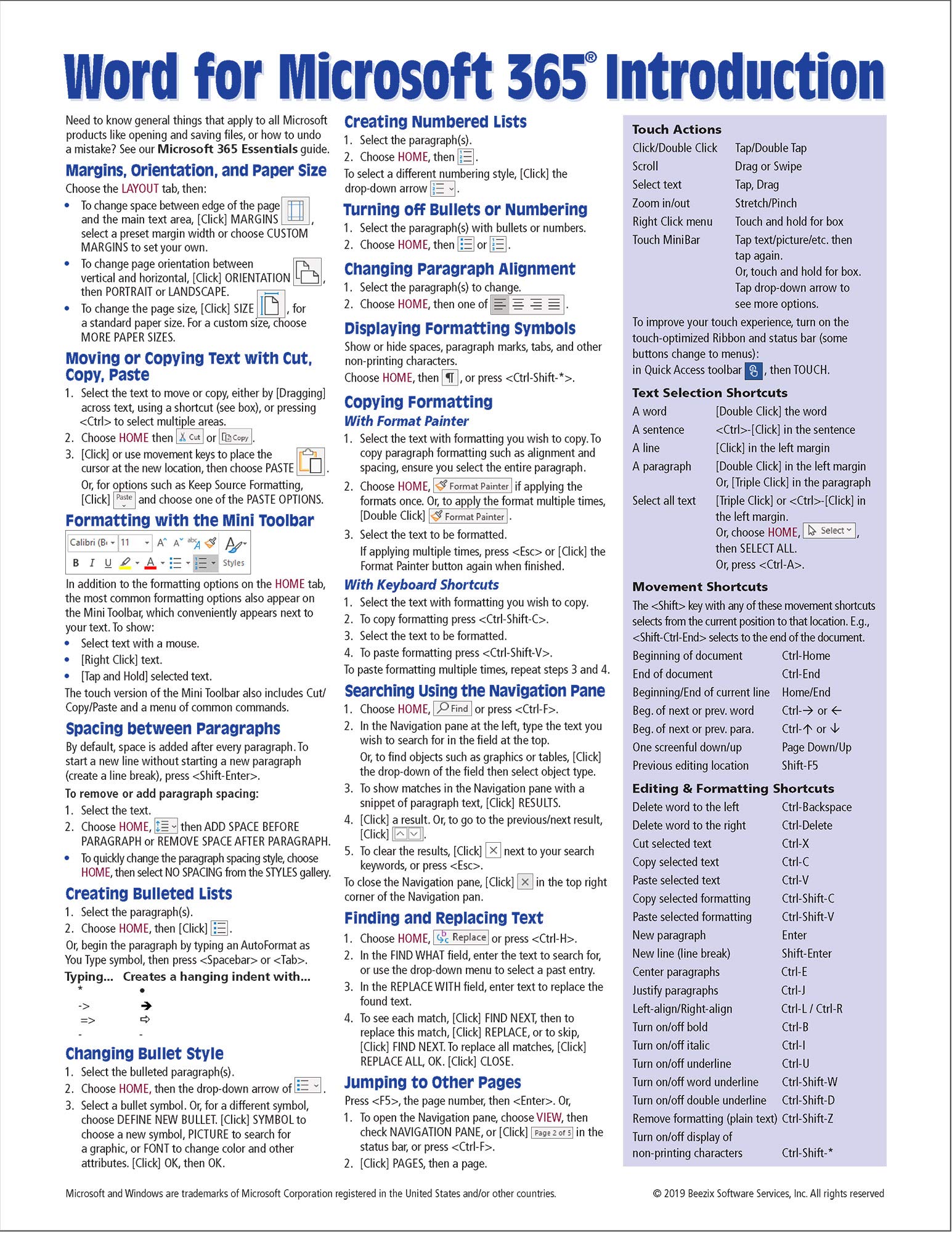 Word For Microsoft 365 (Office 365) Introduction Quick Reference Guide  Windows Version (Cheat Sheet Of Instructions, Tips & Sh
