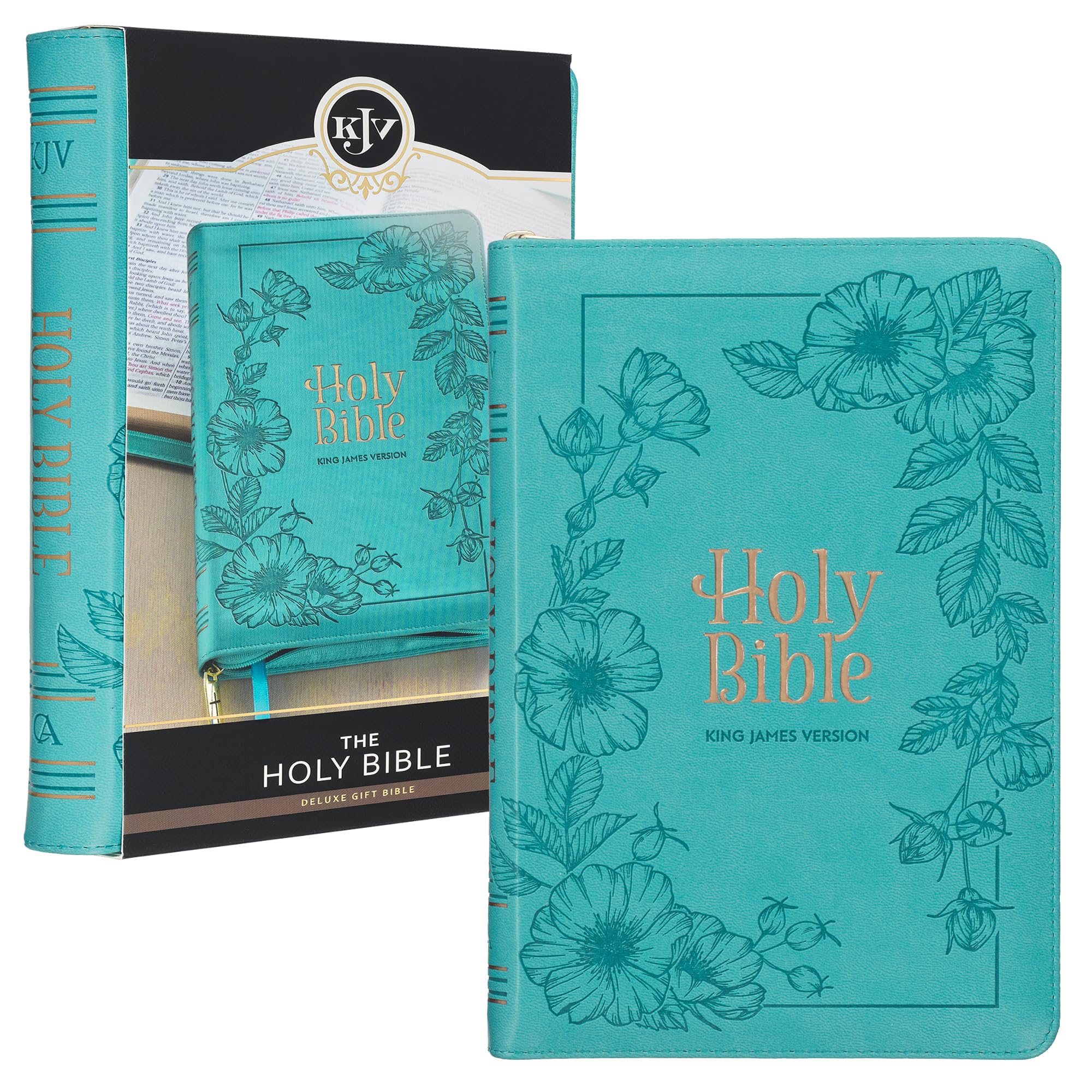 KJV Holy Bible, Standard Size Faux Leather Red Letter Edition Thumb Index, Ribbon Marker, King James Version, Teal Floral Zipper