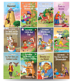 Story Books For Little Kids - Fairy Tales (Illustrated) (Set Of 12 Books) - Rapunzel, Puss In Boots, Little Red Cap, Blacky And Goldy Beauty And The Beast