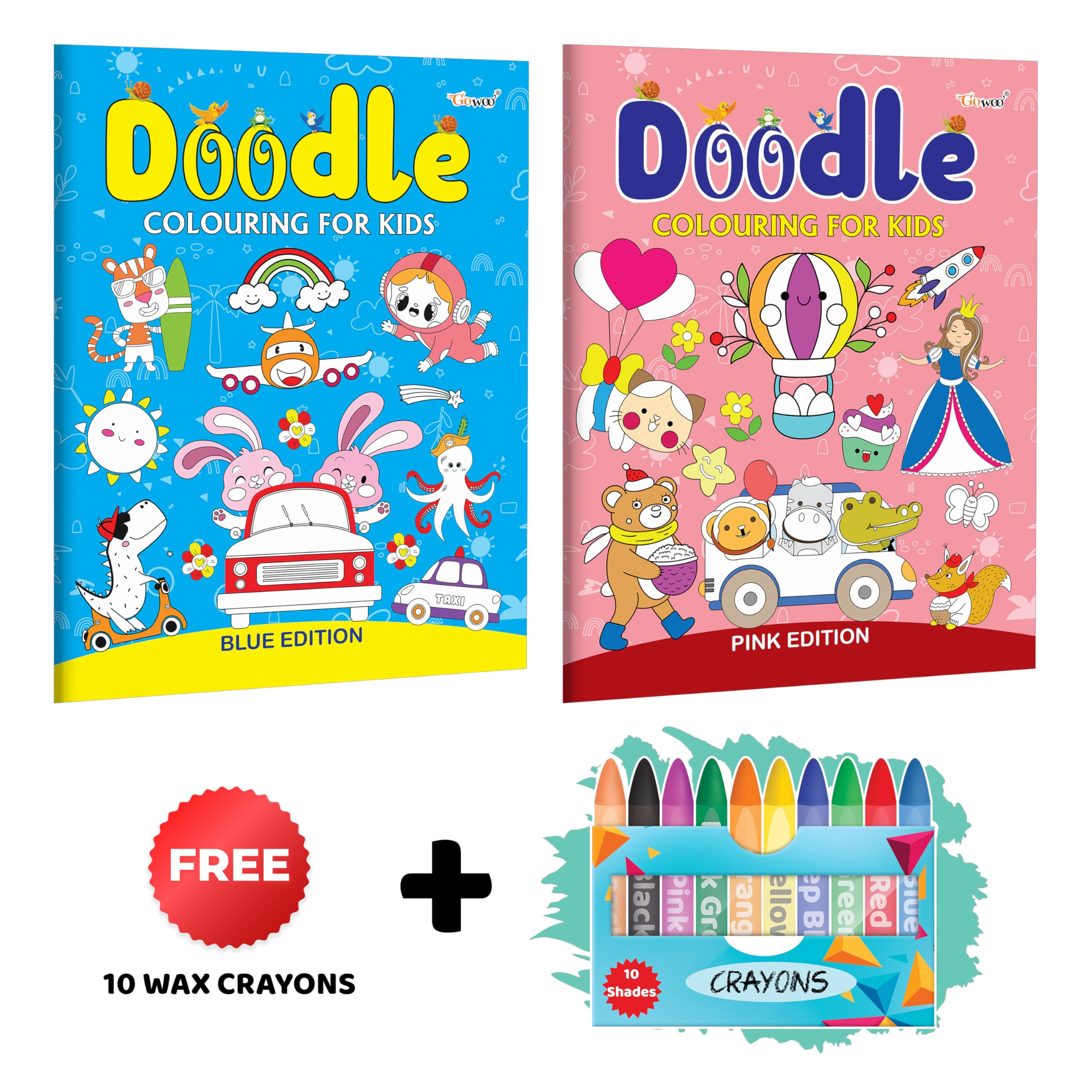 Doodle Colouring For Kids - Blue And Pink Edition With 10 Wax Crayons : Coloring For Young Kids, Creative Coloring Book, Fun Learning Coloring Book | Combo Of 2 Colouring Books