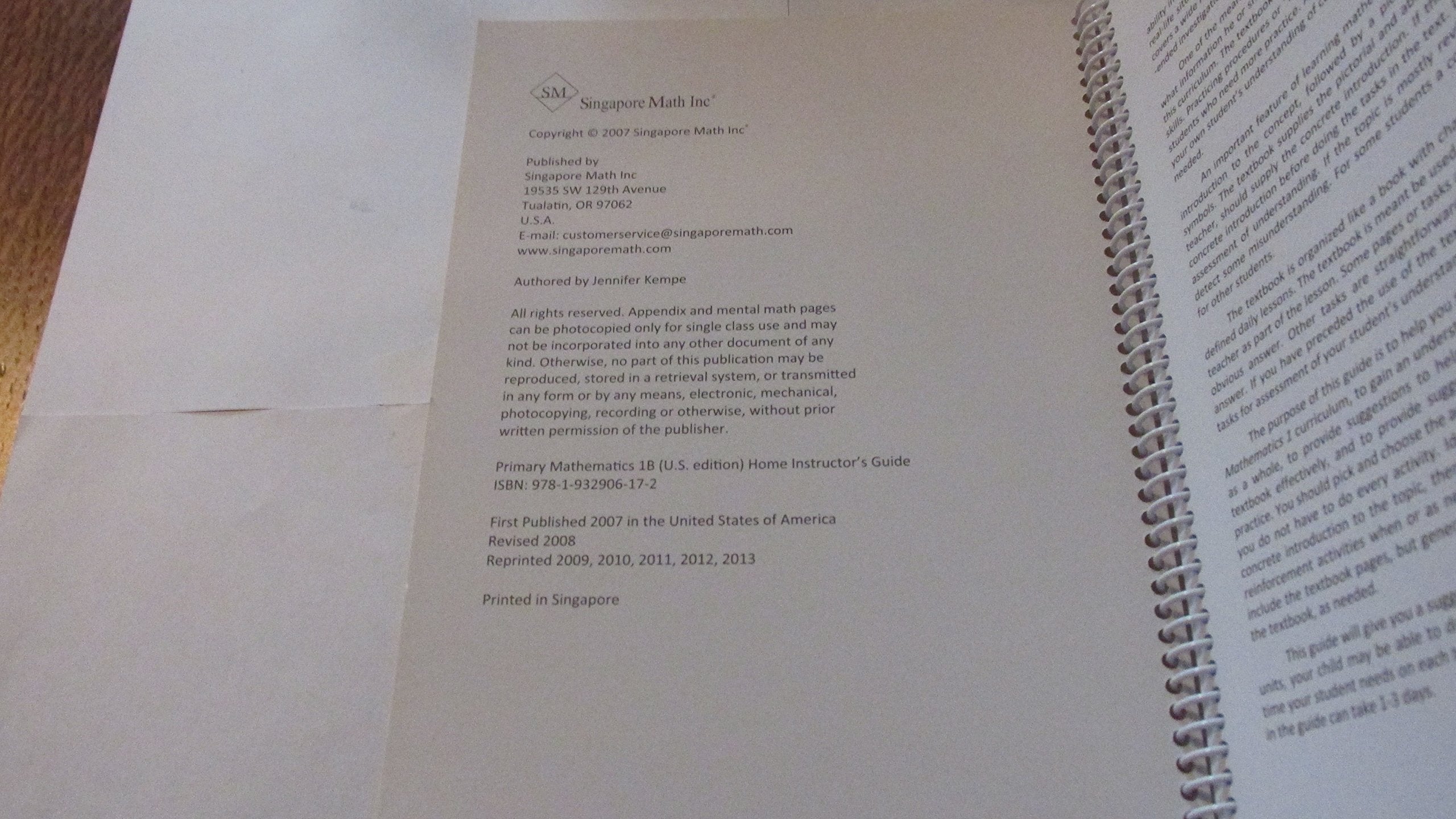 Primary Mathematics 1B Home Instructor's Guide (U.S. Edition),Used