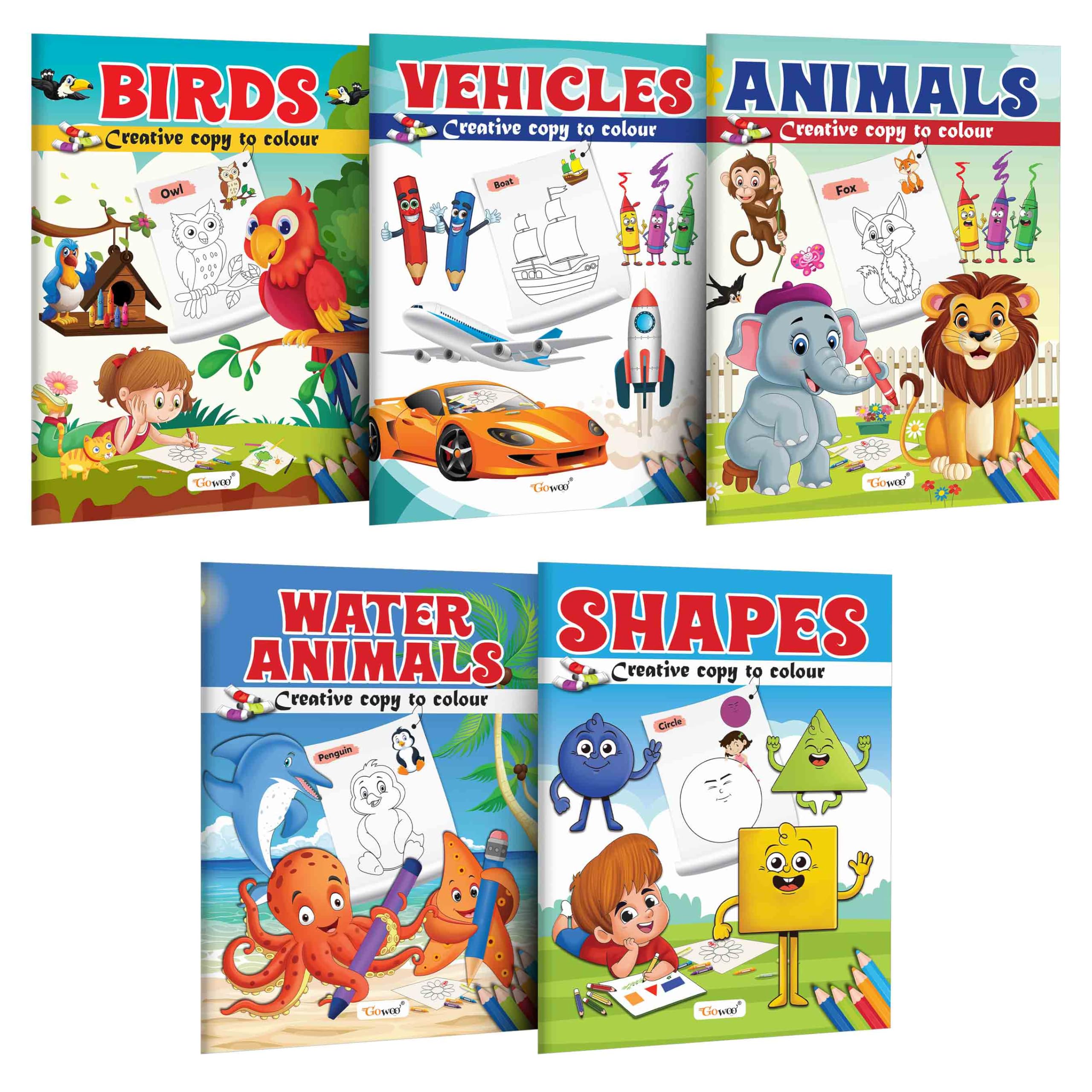 Birds, Vehicle, Animals, Water Animals And Shapes - Creative Copy To Colour Book : Early Learning Coloring Book, Copy Color Books, Fun Coloring Book For Ages 3-12 | Combo Of 5 Copy Colouring Books