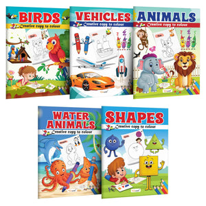 Birds, Vehicle, Animals, Water Animals And Shapes - Creative Copy To Colour Book : Early Learning Coloring Book, Copy Color Books, Fun Coloring Book For Ages 3-12 | Combo Of 5 Copy Colouring Books
