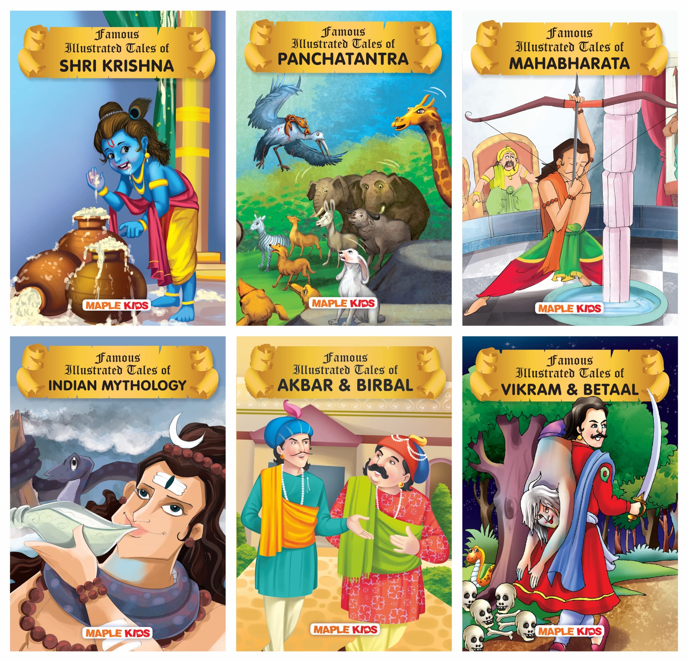 Famous Illustrated Tales (Set Of 6 Books With 103 Moral Stories) - Shri Krishna, Mahabharata, Indian Mythology, Akbar And Birbal, Vikram And Betaal, Panchatantra Tales
