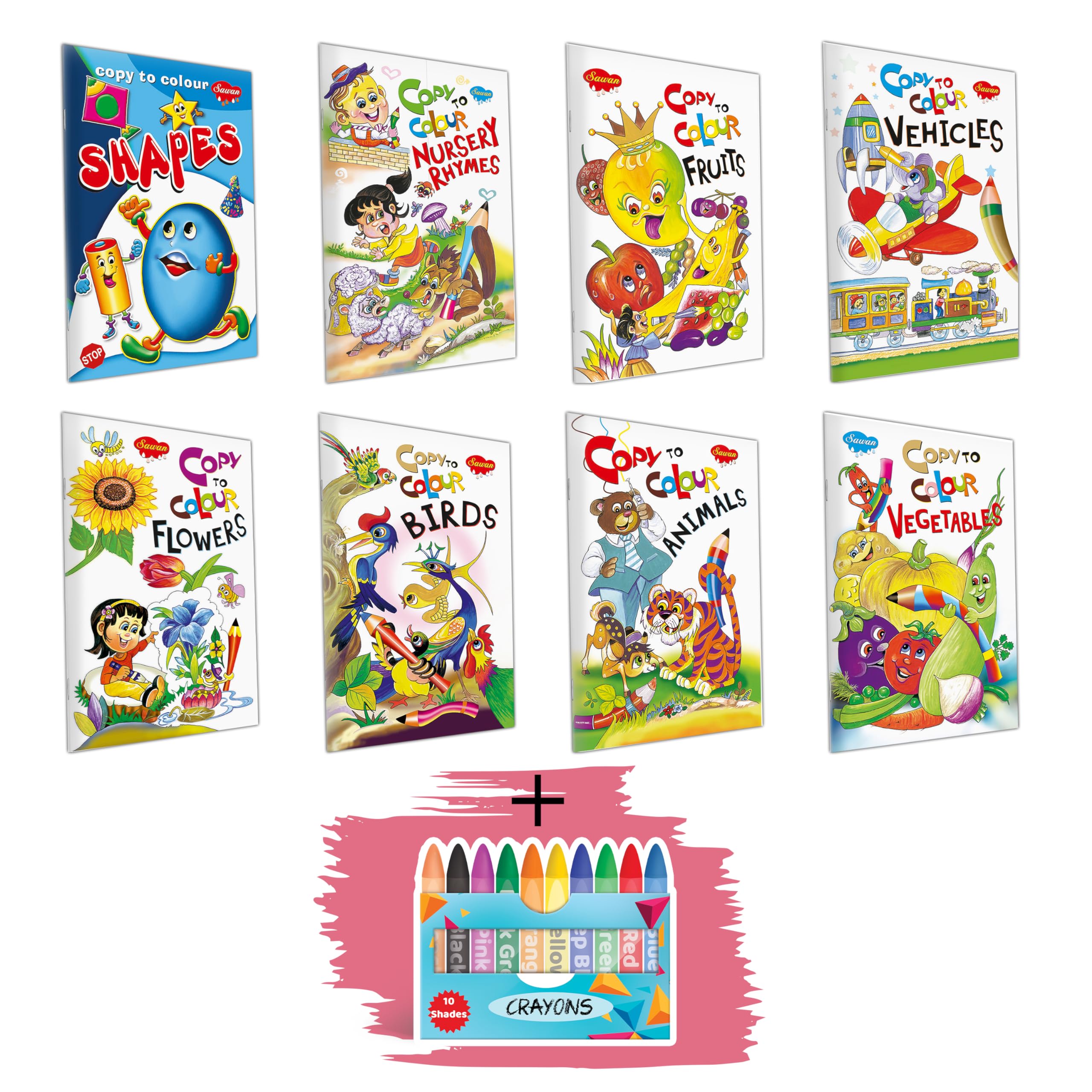Set Of 8 Coloring Books | Vegetables,Fruits,Flowers,Animals,Vehicles,Birds,Shapes,Nursery Rhymes,10 Wax Crayons| 3 To 8 Year Old Children Happy Colouring Book Drawing Book For Kids
