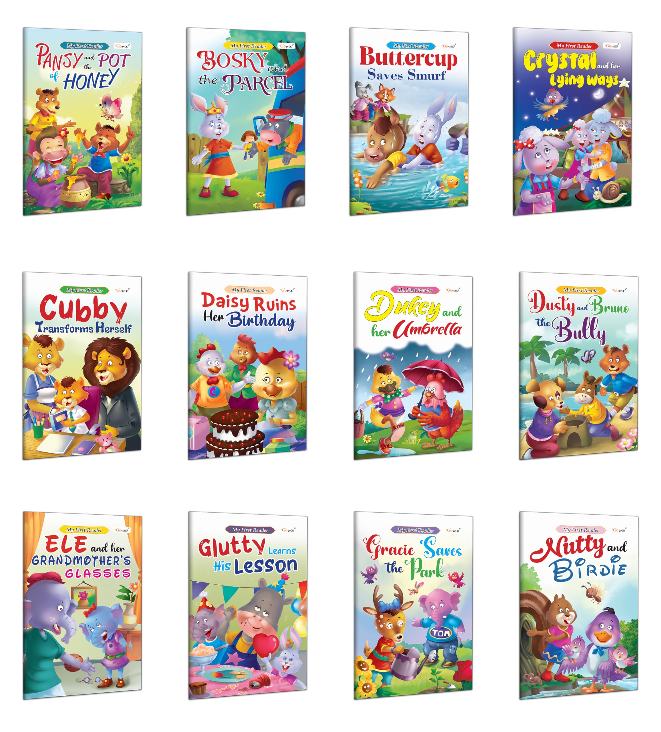 My First Reader Collection : Bosky And The Parcel, Pansy And The Pot Of Honey, Buttercup Saves Smurf & More (Pack Of 12 Books) | Story Book For Kids, Fun Tales For Young Learners