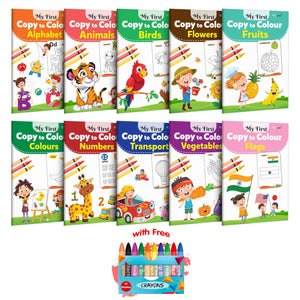 My First Copy To Colour - Alphabet, Animals, Birds, Flowers, Fruits, Colours, Numbers & More With 10 Wax Crayons : Children Copy Colouring Book, Colouring Fun For Kids | Combo Of 10 Colouring Books
