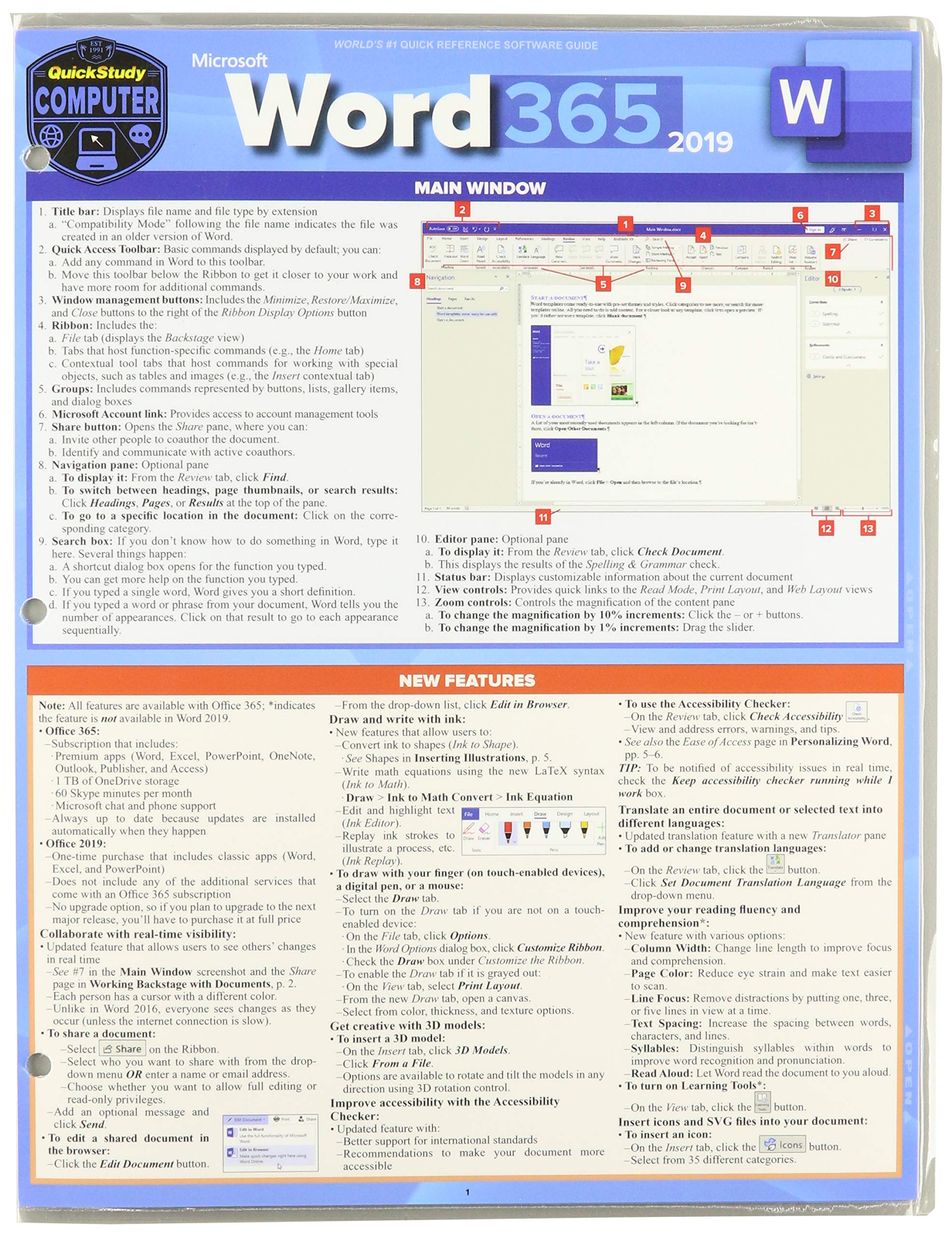 Microsoft Word 365 2019: A Quickstudy Laminated Software Reference Guide,Used