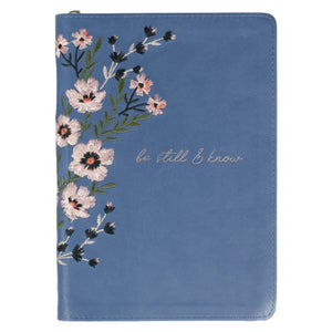Classic Faux Leather Journal Be Still & Know Psalm 46:10 Blue Floral Embroidered Inspirational Notebook, Lined Pages w/Scripture