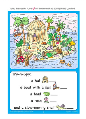 School Zone  TrynSpy Adventure Workbook  32 Pages, Ages 4 to 6, Preschool, Kindergarten, Reading Readiness, WordPicture Rec,Used