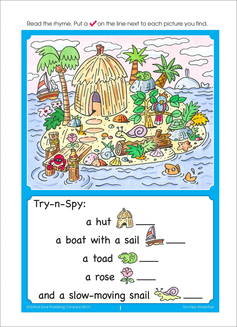 School Zone  TrynSpy Adventure Workbook  32 Pages, Ages 4 to 6, Preschool, Kindergarten, Reading Readiness, WordPicture Rec,Used