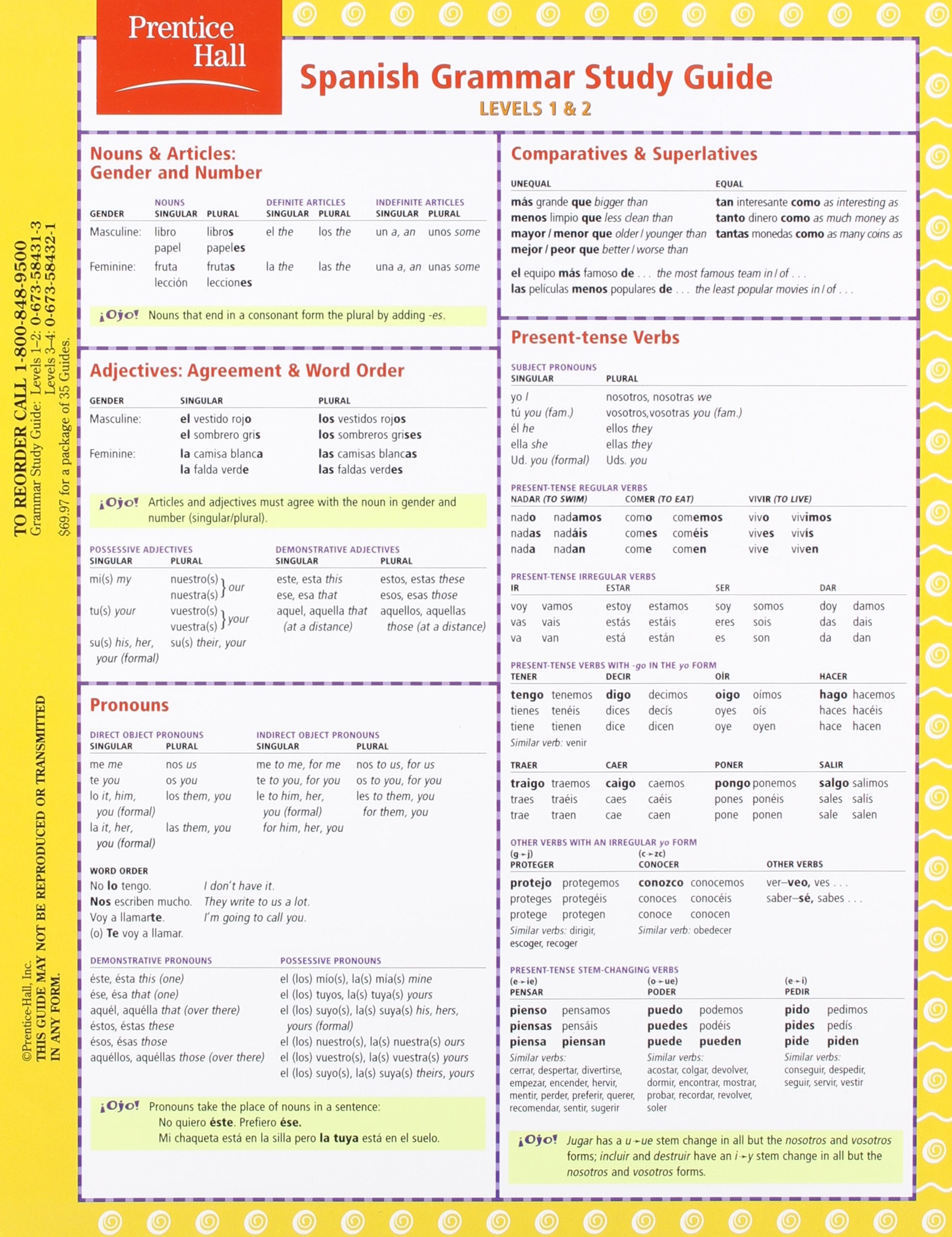 Spanish Grammar Study Guide: Level 1 And 2,Used