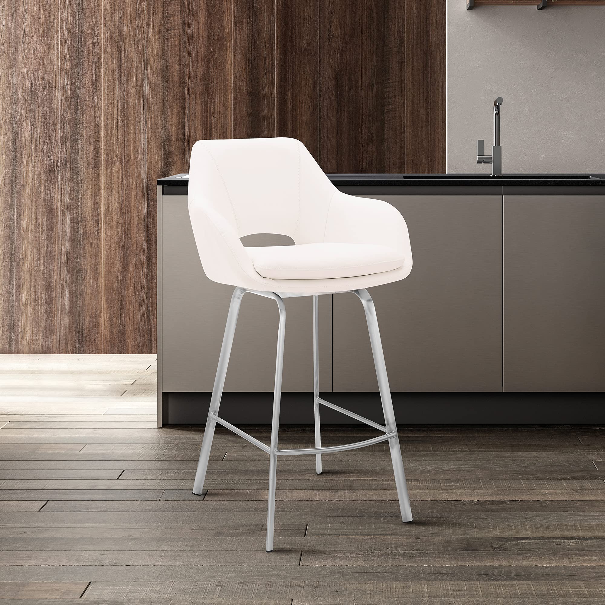 Armen Living Aura White Faux Leather and Brushed Stainless Steel Swivel 26 Counter Stool-Used Condition