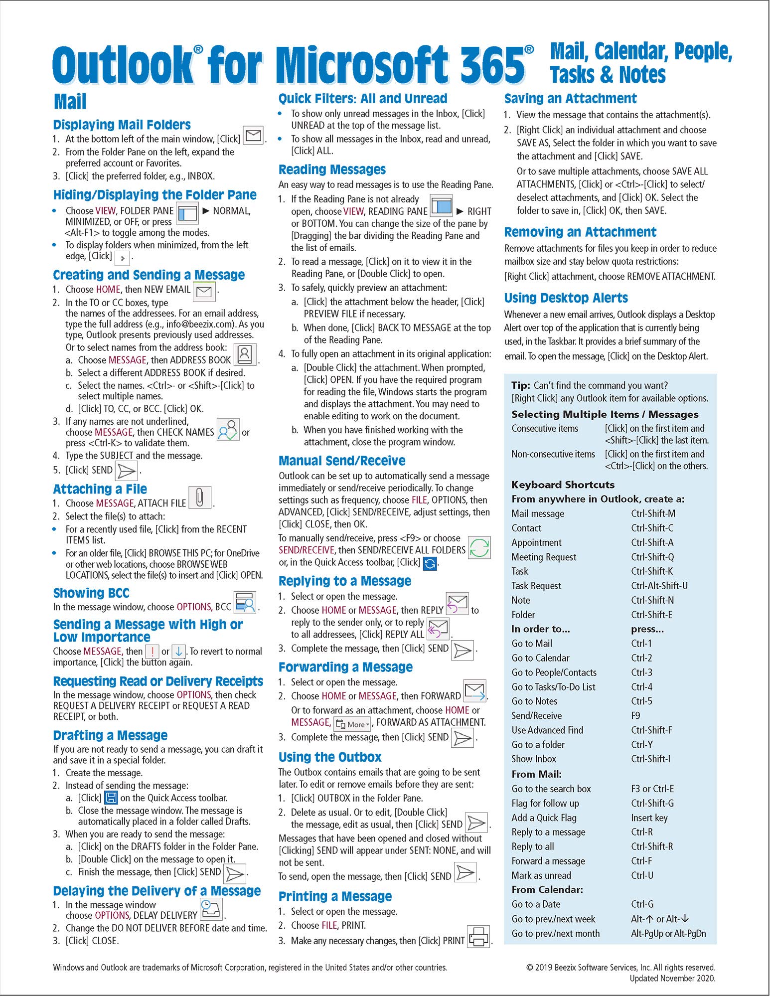 Microsoft Outlook 365 Mail, Calendar, People, Tasks, Notes Quick Reference  Windows Version (Cheat Sheet Of Instructions, Tips