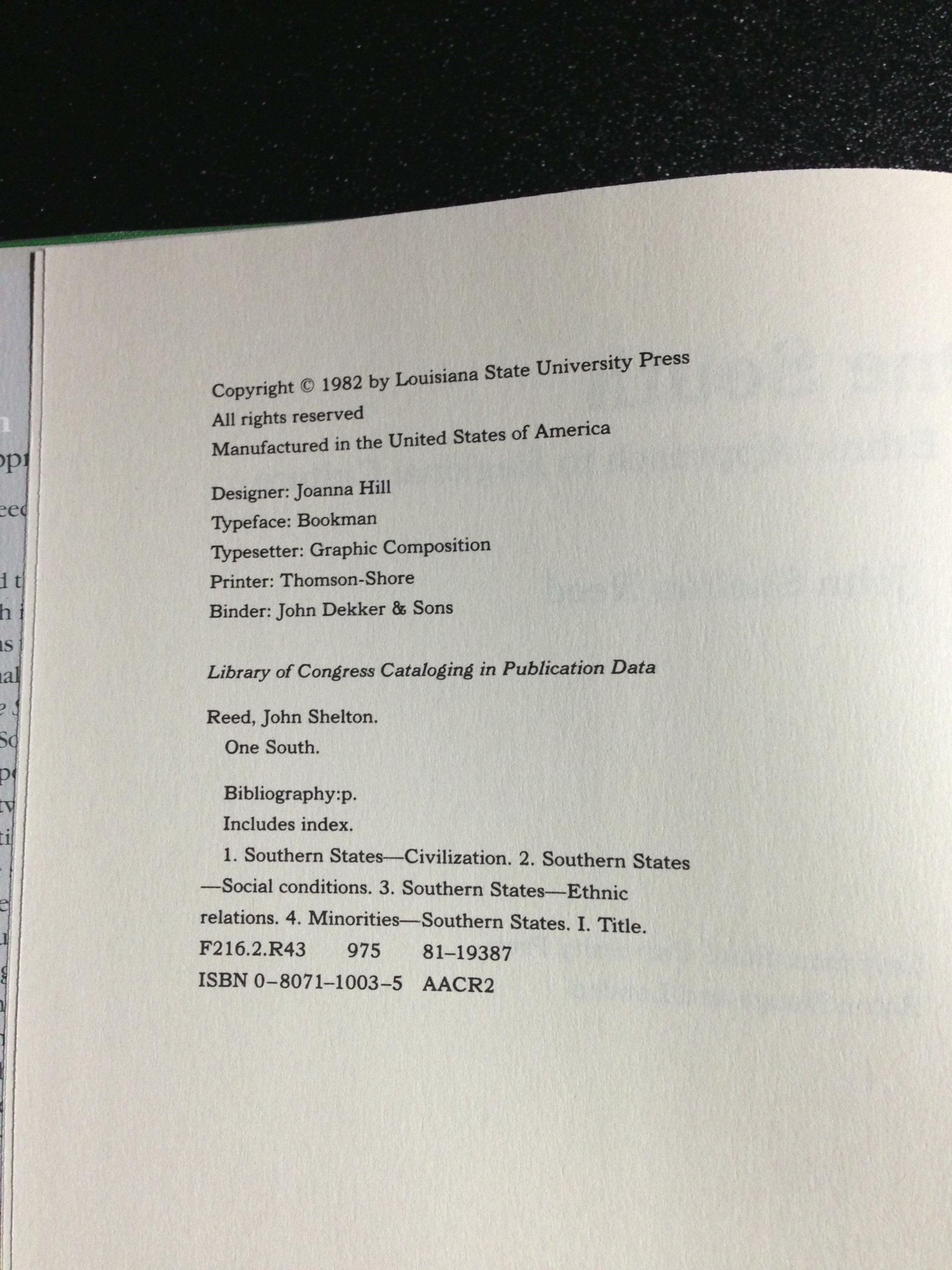 One South: An Ethnic Approach to Regional Culture,Used