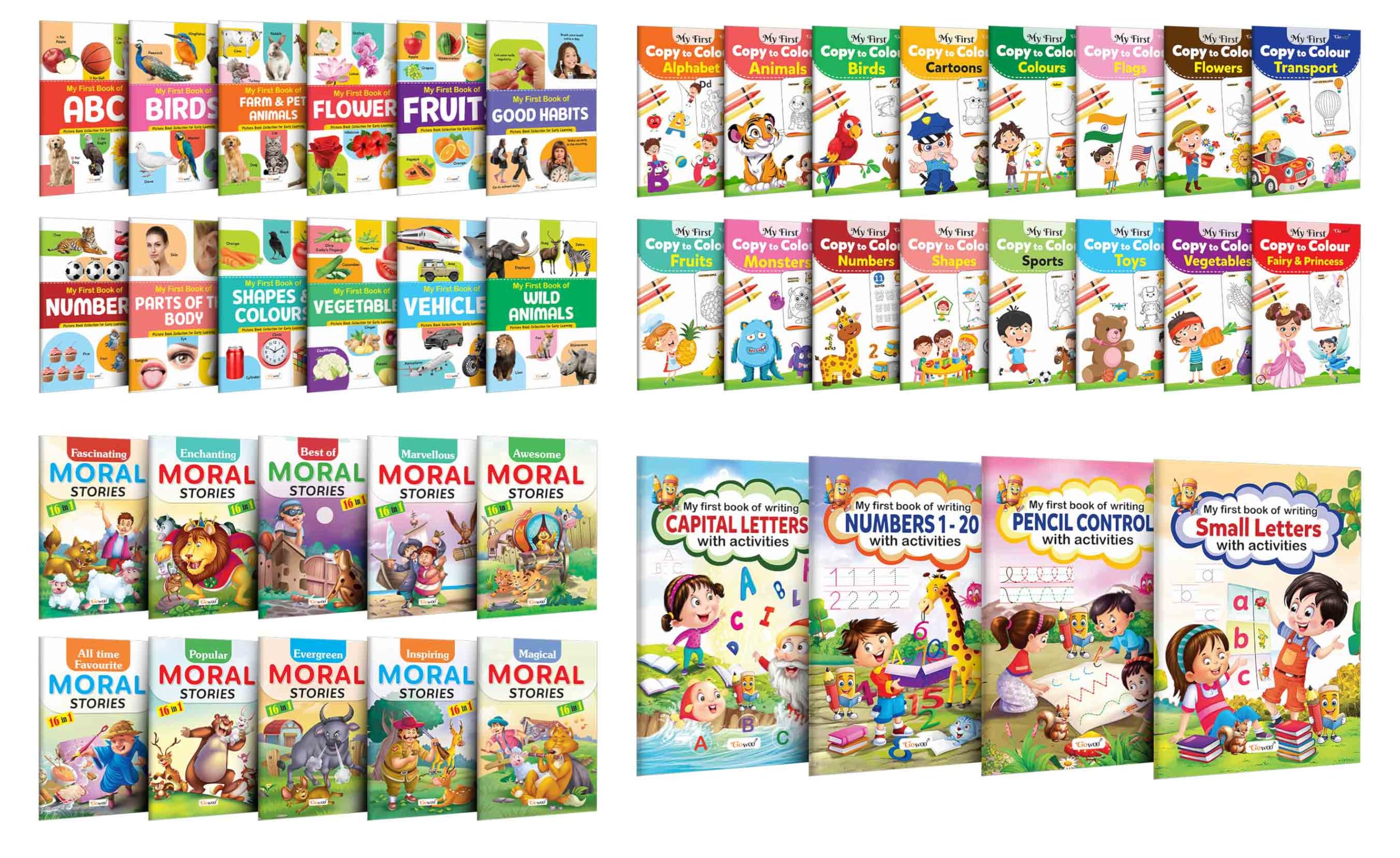 My First All In One Picture Book Collection, Copy To Colour, Moral Stories & Writing Letters With Activities : Colouring Book For Toddlers, Learning Story Book, Story Book For Kids | Pack Of 42 Books