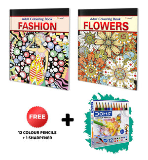 Fashion And Flowers - Adult Colouring Book With 12 Colour Pencils + 1 Sharpener : Relaxing Coloring Book, Creative Coloring Fun | Pack Of 2 Adult Colouring Books