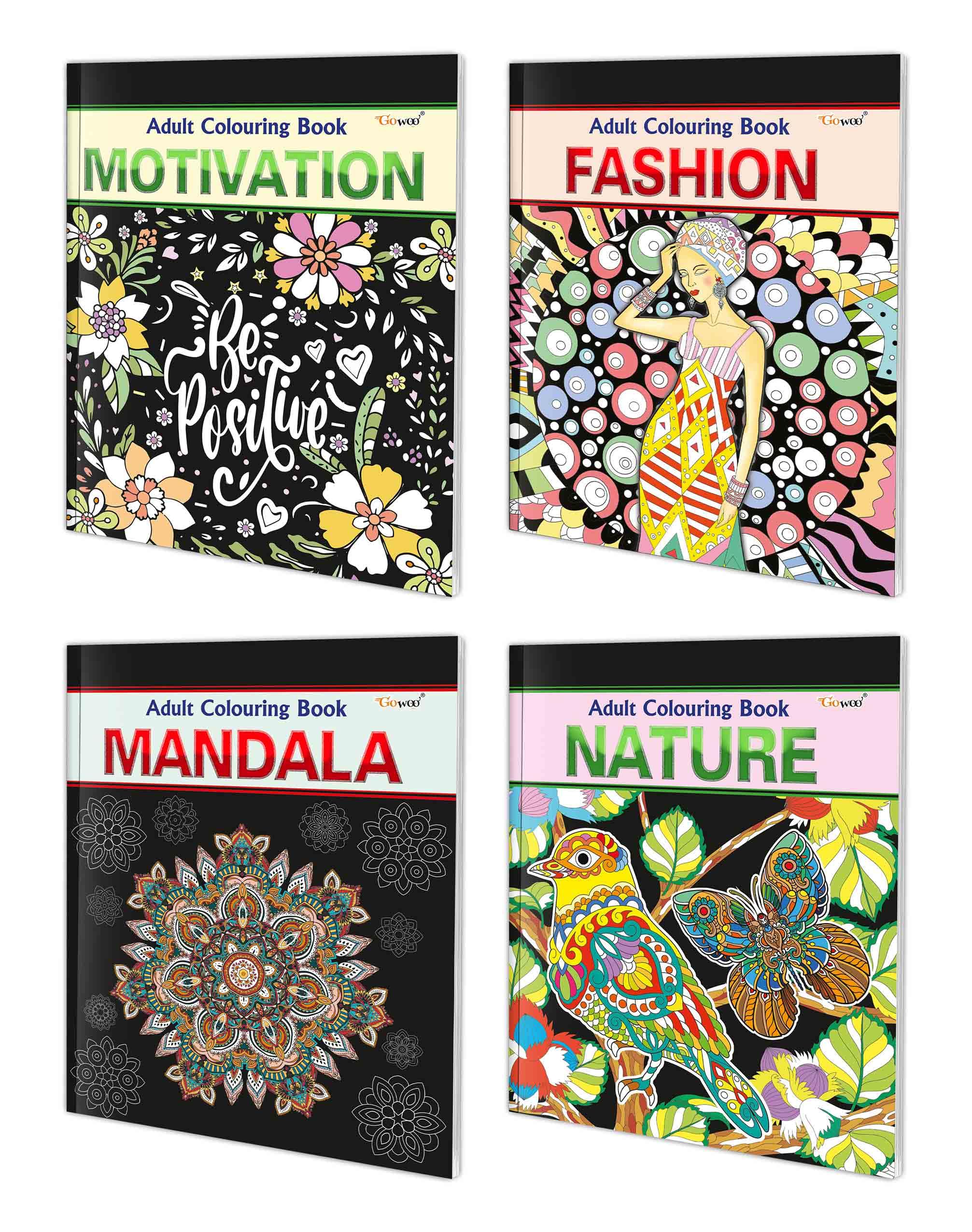 Motivation, Fashion, Mandala And Nature - Adult Colouring Book : Creative Art Therapy Cololuring, Coloring Book For Adults, Mindfulness Coloring Book | Pack Of 4 Adult Colouring Books