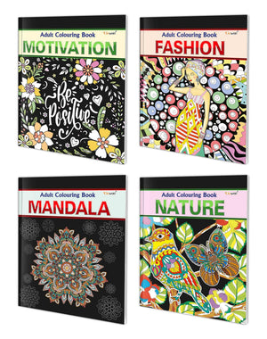 Motivation, Fashion, Mandala And Nature - Adult Colouring Book : Creative Art Therapy Cololuring, Coloring Book For Adults, Mindfulness Coloring Book | Pack Of 4 Adult Colouring Books