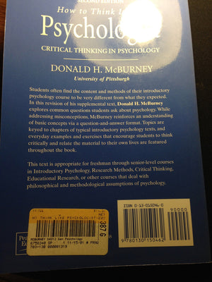 How to Think Like a Psychologist: Critical Thinking in Psychology,Used