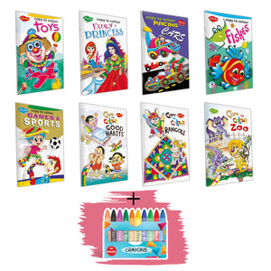 Set Of 8 Colouring Books |Toys, Rangoli, Fairy And Princess, Zoo, Cars, Good Habits, Games And Sports, And Fishes |Colour Books For Children ( Mom Colour Free )