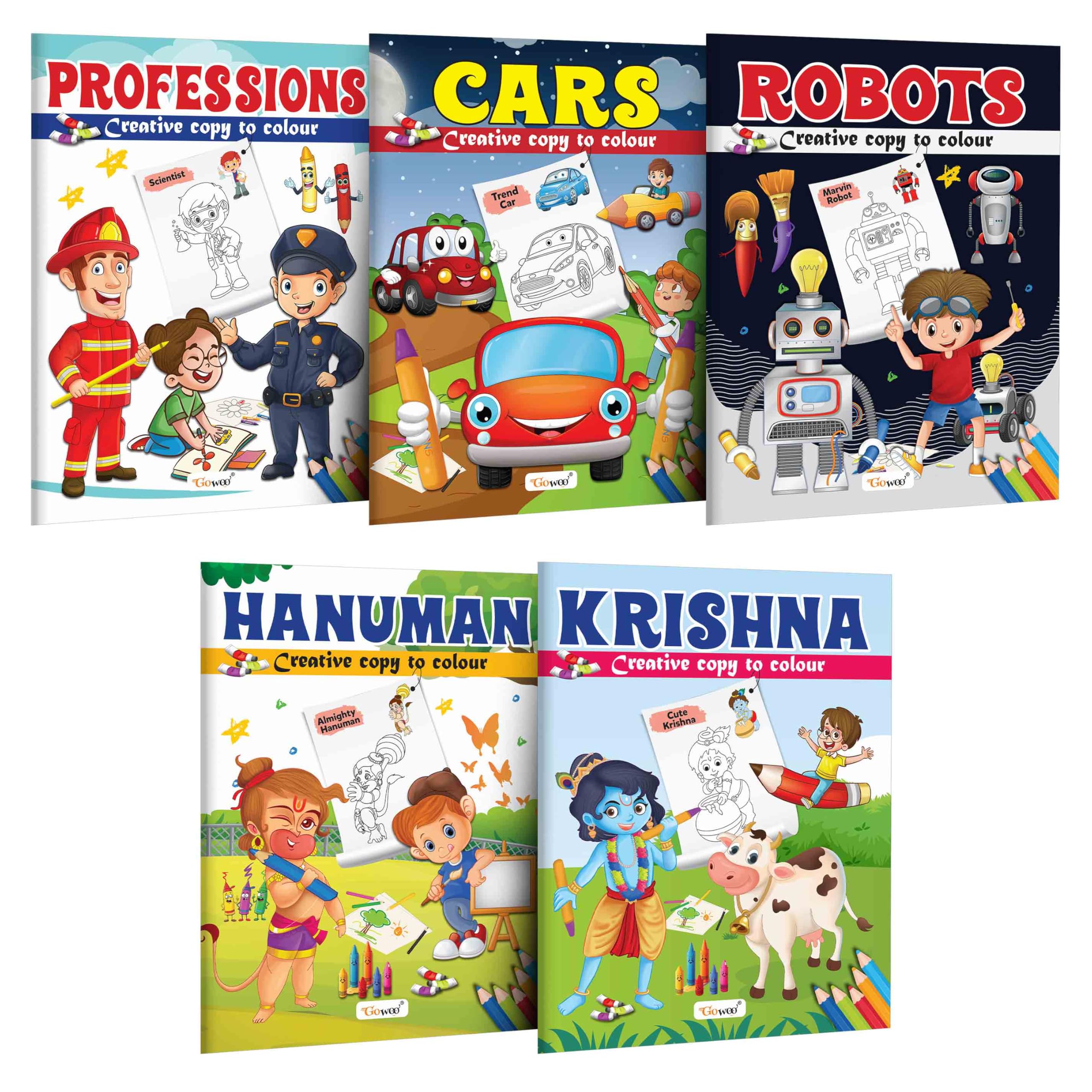 Professions, Cars, Robot, Hanuman And Krishna - Creative Copy To Colour Book : Kids Art And Colouring Book, Easy Coloring Book For Young Learners | Pack Of 5 Copy Colouring Books