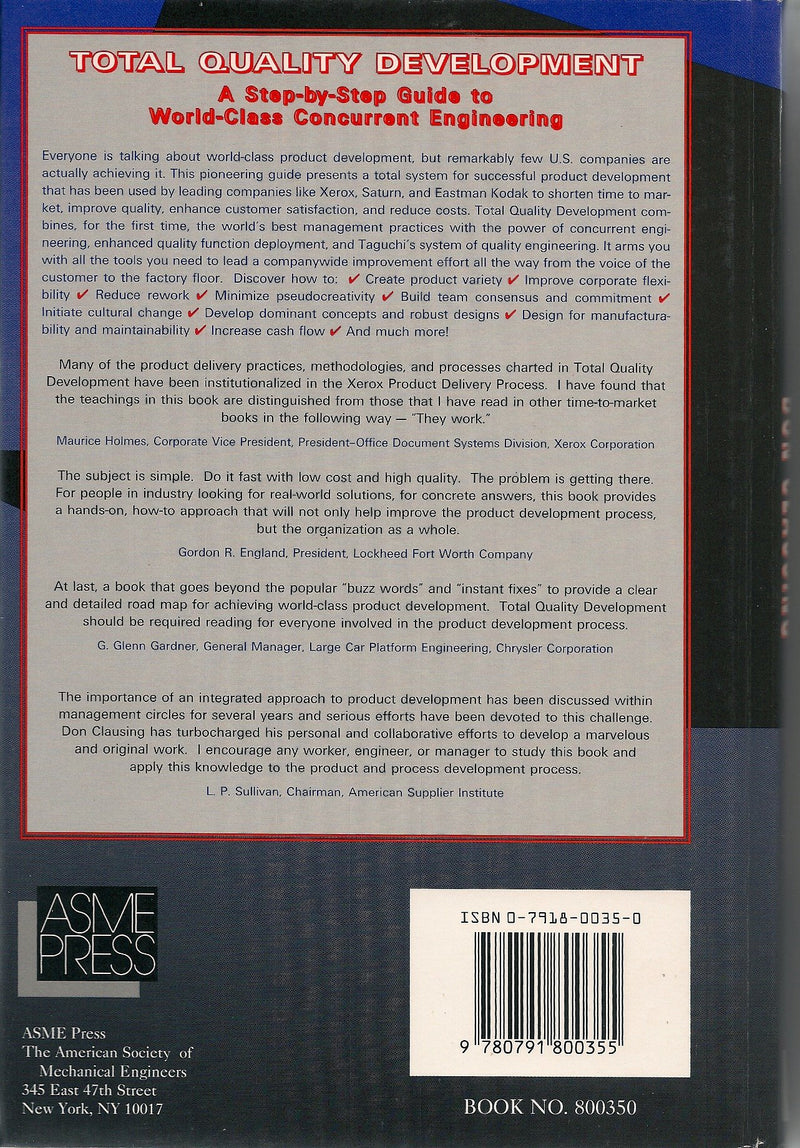 Total Quality Development: A StepByStep Guide to WorldClass Concurrent Engineering,Used