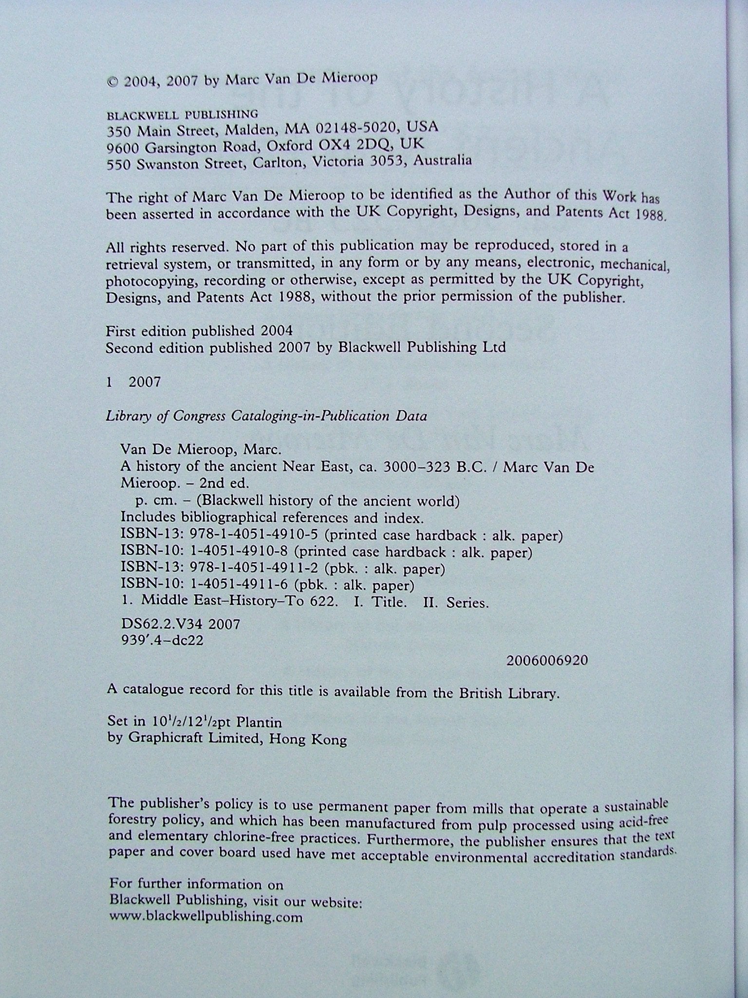 A History of the Ancient Near East: Ca. 3000323 Bc,Used