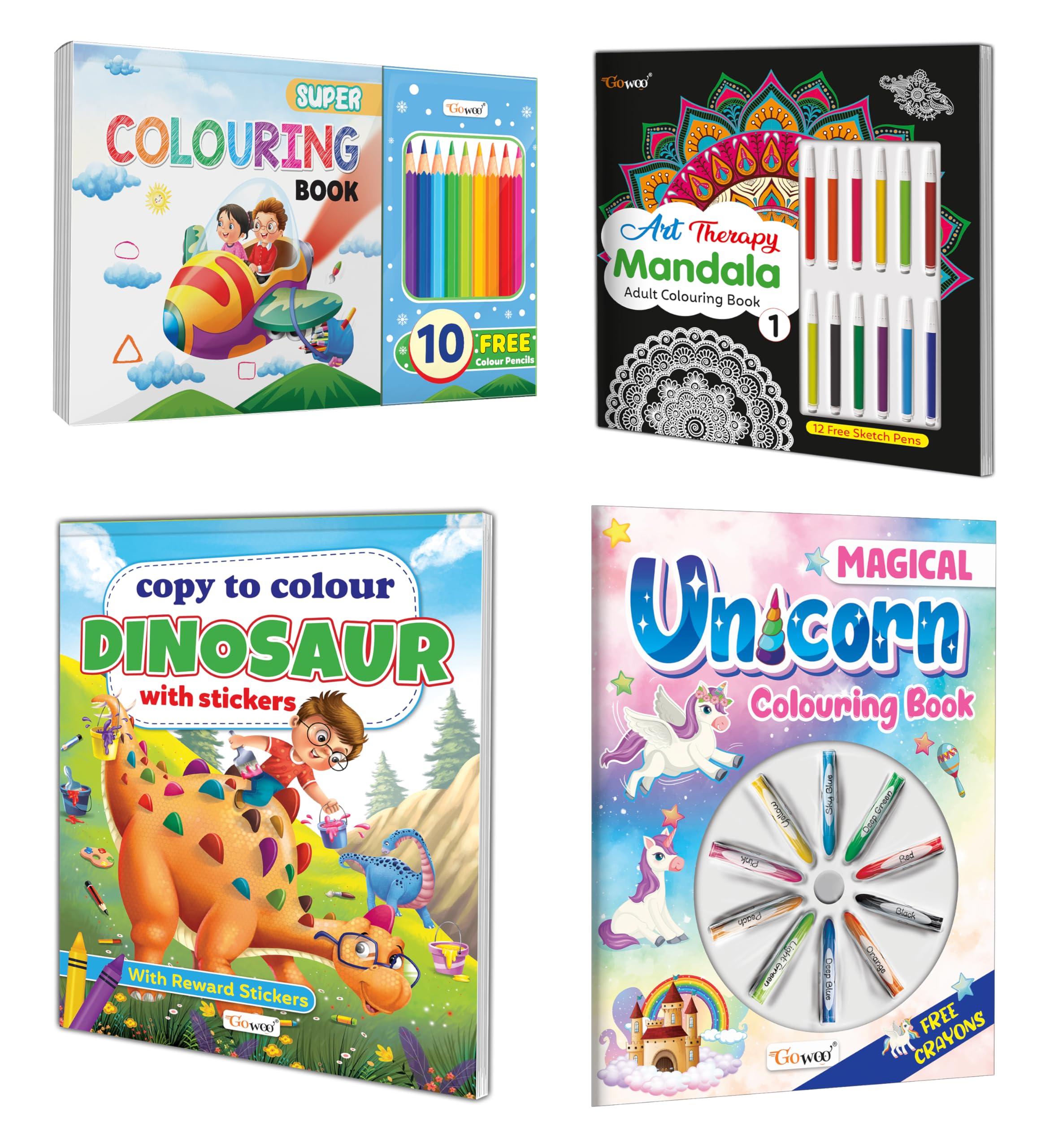 Super Colouring Book With 10 Pencil Colors, Mandala Adult Colouring Book-1, Copy To Colour Dinosaurs With Stickers And Magical Unicorn Colouring Book With Crayons| Combo Of 4 Colouring Books