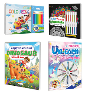 Super Colouring Book With 10 Pencil Colors, Mandala Adult Colouring Book-1, Copy To Colour Dinosaurs With Stickers And Magical Unicorn Colouring Book With Crayons| Combo Of 4 Colouring Books