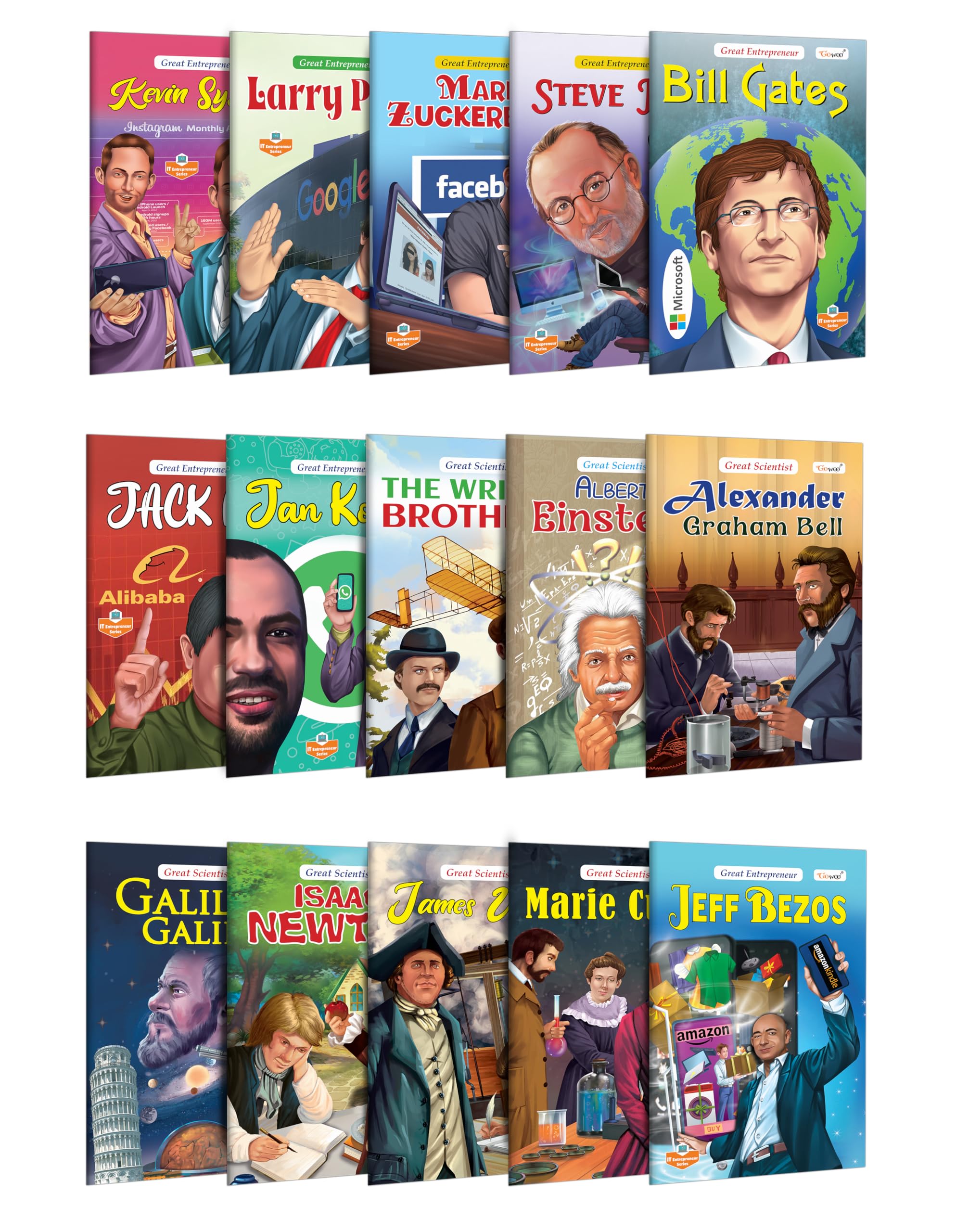 Bill Gates, Steve Jobs, Mark Zuckerberg, Albert Einstein, Galileo Galilei, Issac Newton And More (Great Enterpreneur And Scientists) : Scientists Book For Kids , Educational Learning Book | Set Of 15