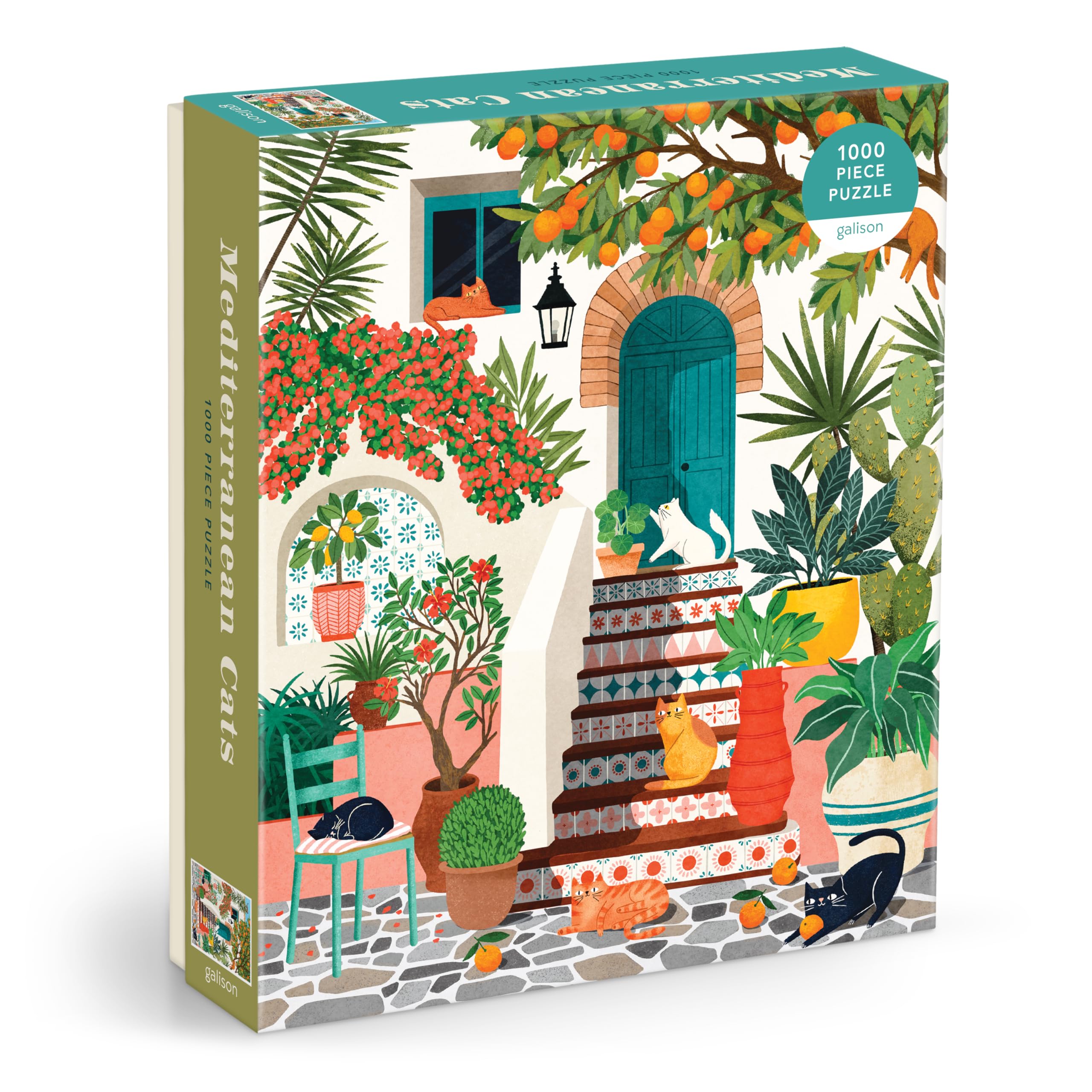 Galison Mediterranean Cats  1000 Piece Jigsaw Puzzle Featuring Beautiful Artwork Of A Citrus Inspired Stoop With Cats