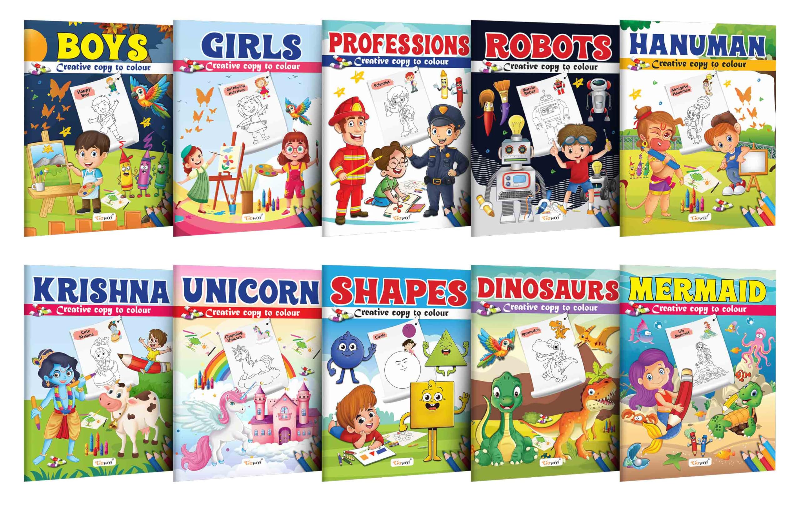 Boys, Girl, Professions, Robot, Hanuman, Krishna, Unicorn, Space, Dinosaurs And Mermaid - Creative Copy To Colour Book : Children Coloring Book For Ages 3-12 | Pack Of 10 Copy Colouring Books