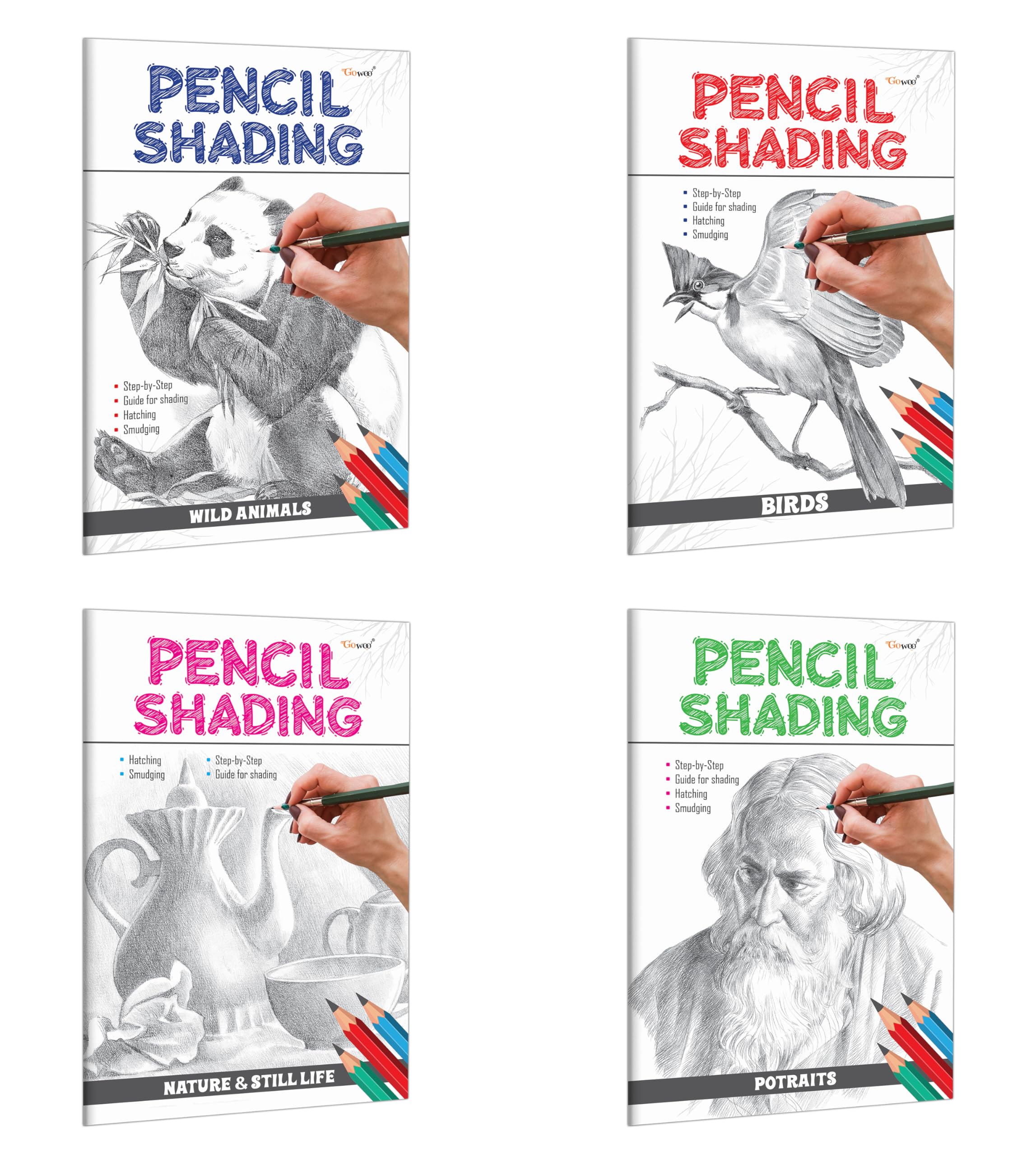 Pencil Shading - Birds, Wild Animals, Nature & Still Life And Portraits : Childrens Art Book, Pencil Shading Book For Children, Educational Book For Kids | Pack Of 4 Pencil Shading Activity Books