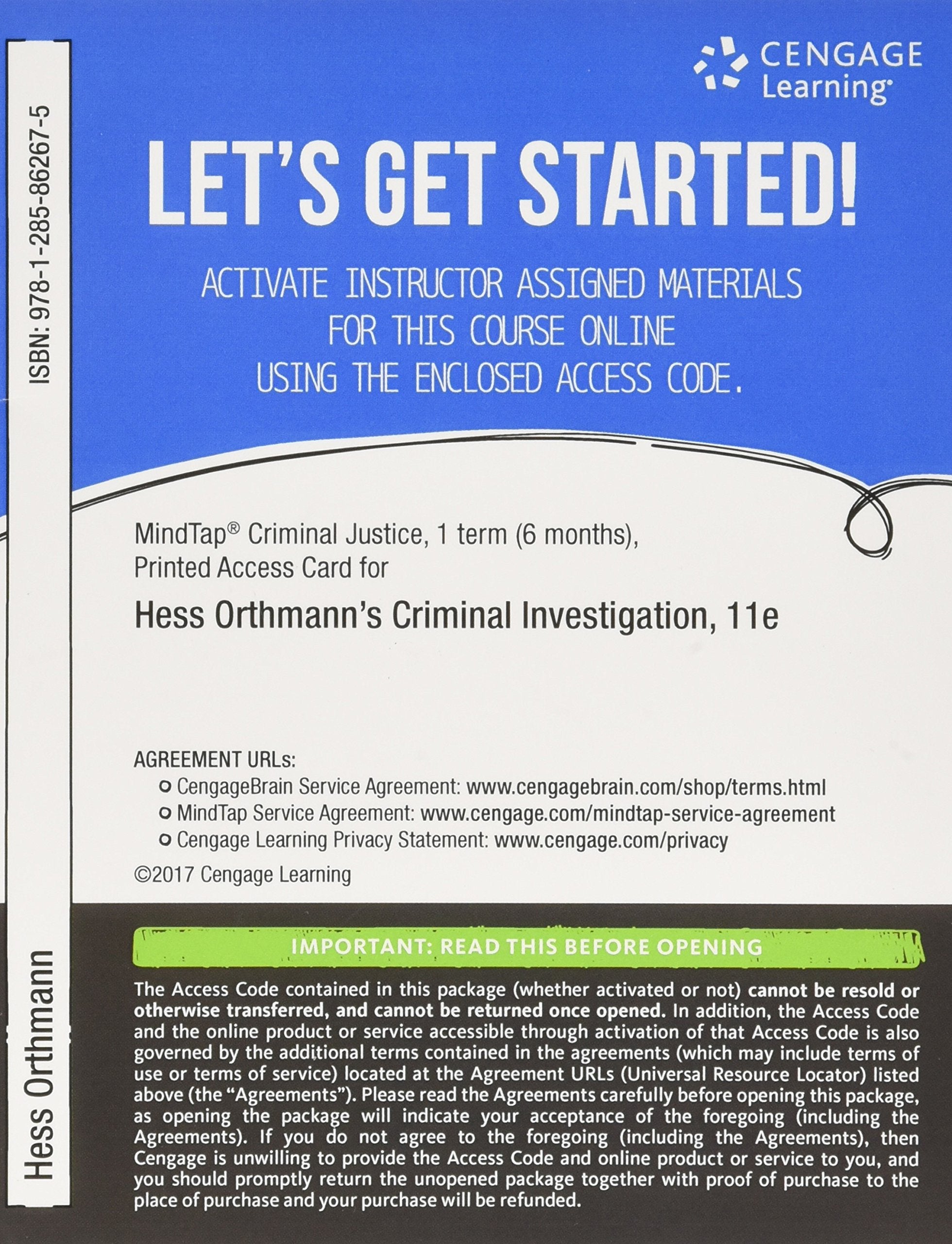 MindTap Criminal Justice, 1 term (6 months) Printed Access Card for Hess/Hess Orthmann/Cho's Criminal Investigation, 11th,Used