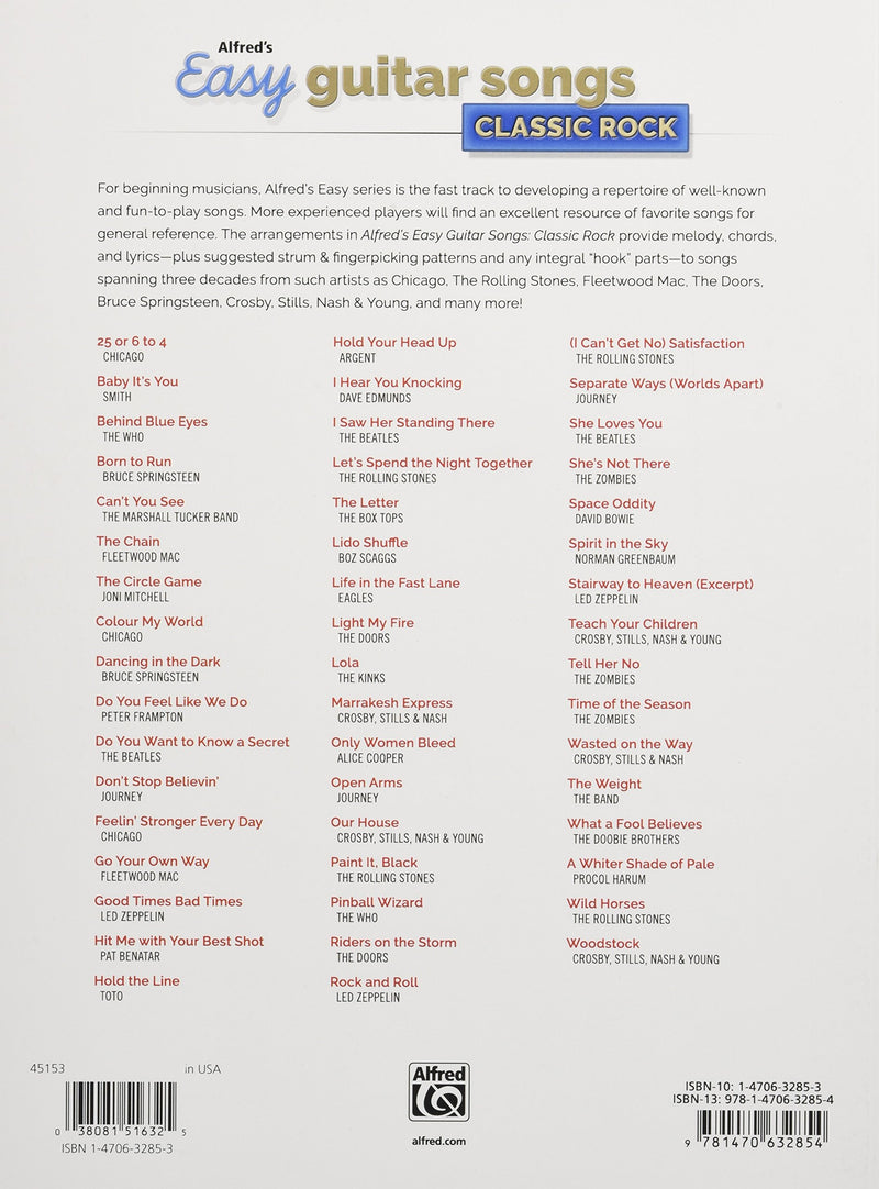 Alfred's Easy Guitar Songs  Classic Rock: 50 Hits of the '60s, '70s & '80s,New