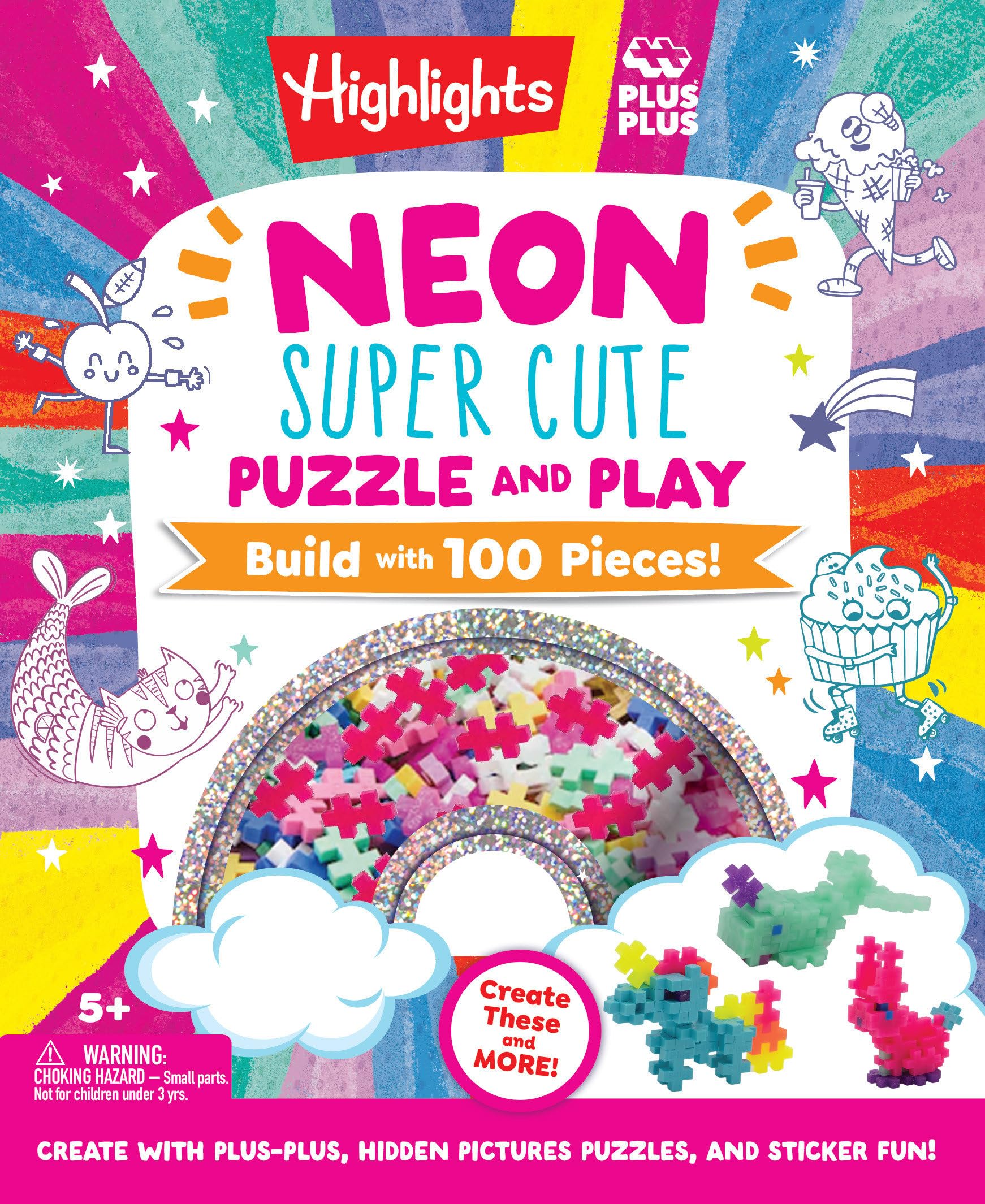 Neon Super Cute Puzzle And Play: PlusPlus Building Blocks And Hidden Pictures Puzzle Sticker Book Set For Kids 59, Create And