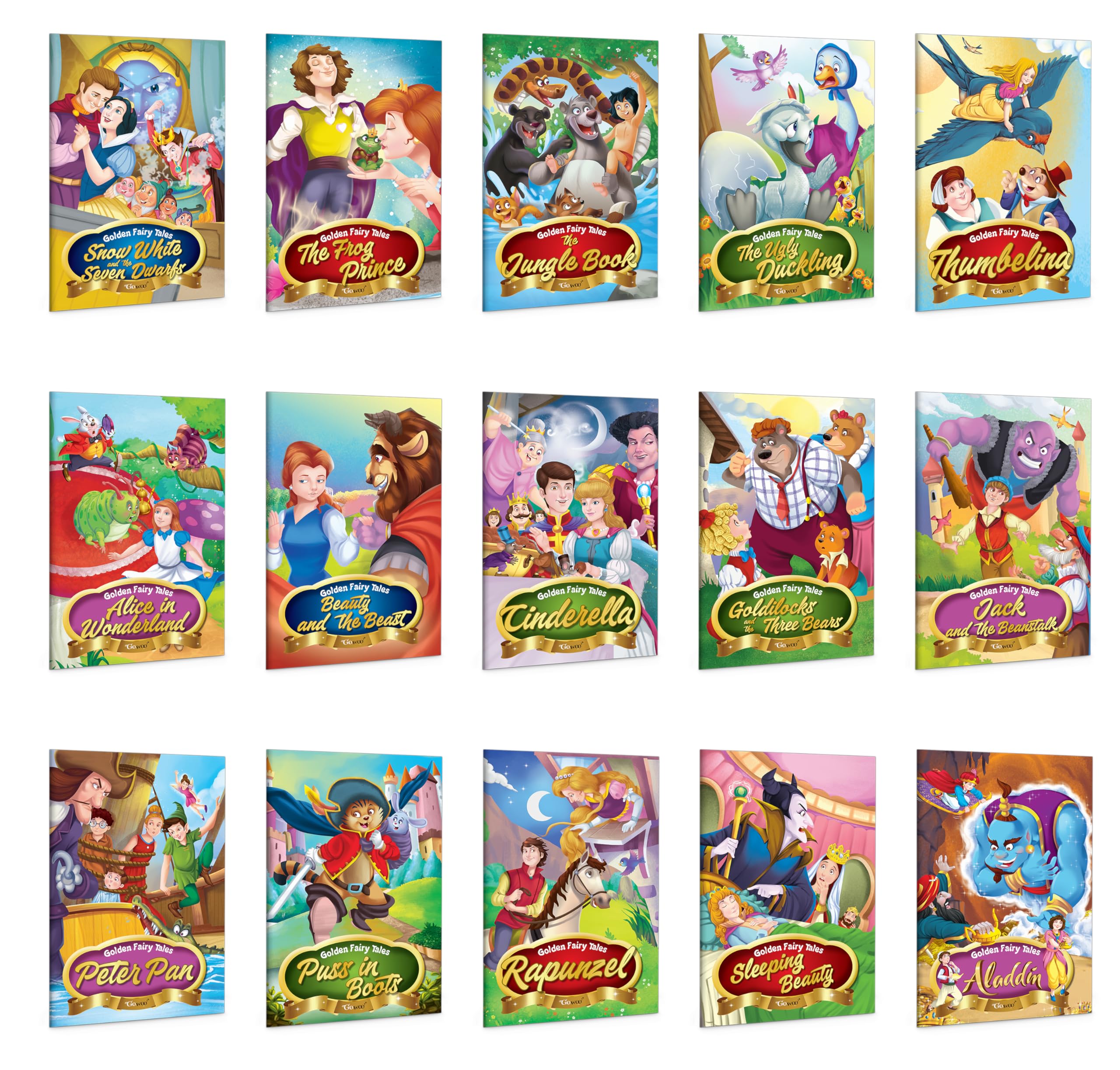 Set Of 15 Golden & Classic Fairy Tales Story Books : Aladdin, Alice In Wonderland, Peter Pan, Jack And The Beanstalk,Cinderella And More - Bedtime Stories For Kids, Children Learning Story Book